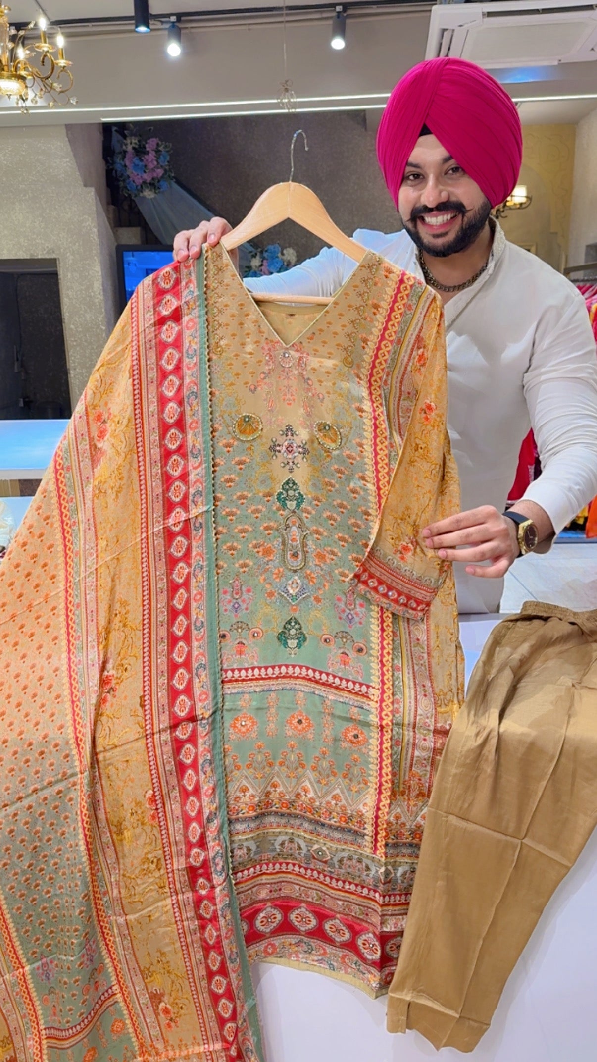 Dark English Beige Crepe digital Print party Wear Suit with Hand embroidery Work on neck