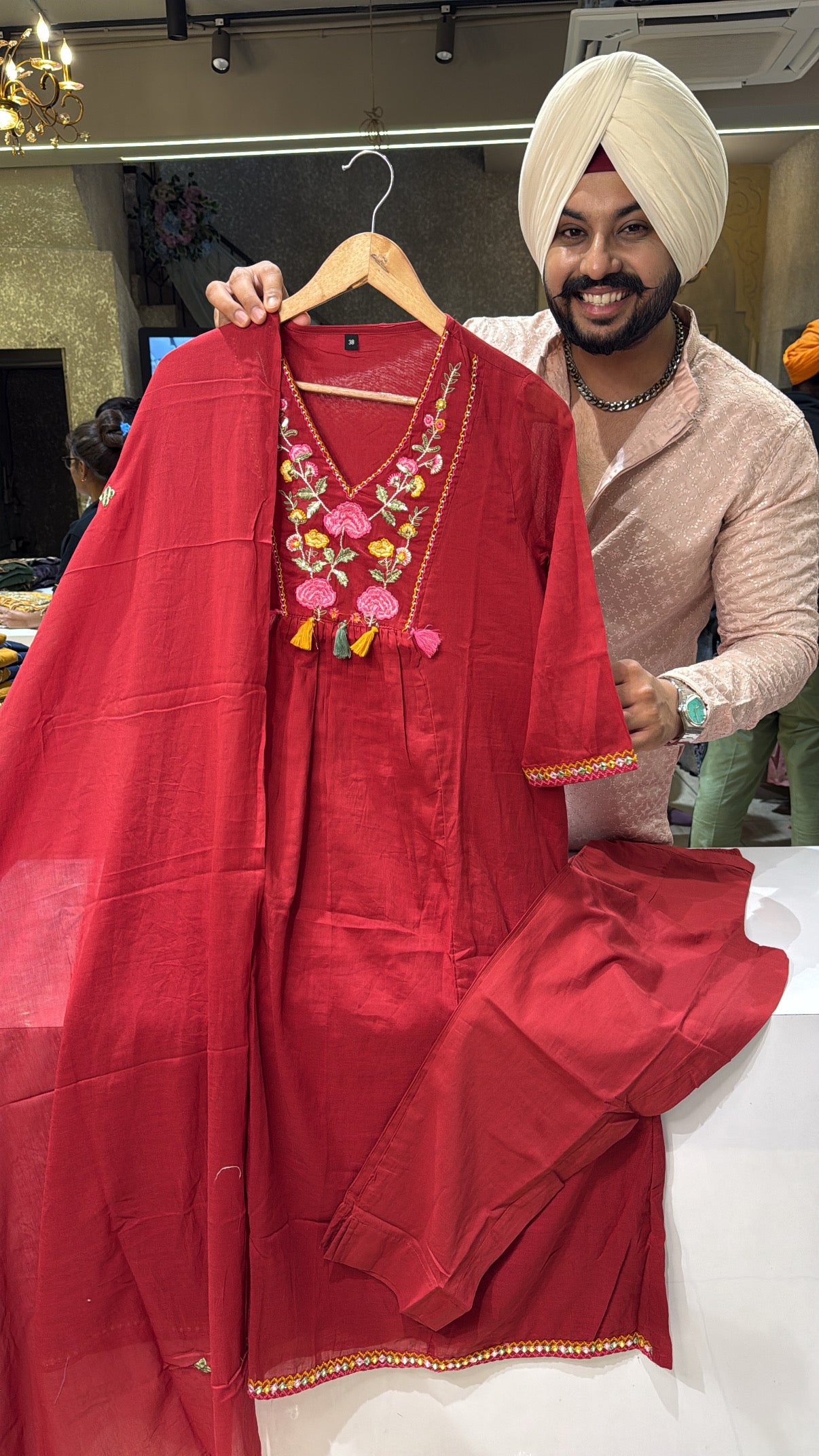 Brick Colour Mal Cotton A-line office wear suit with Beautiful Embroidery work on neck