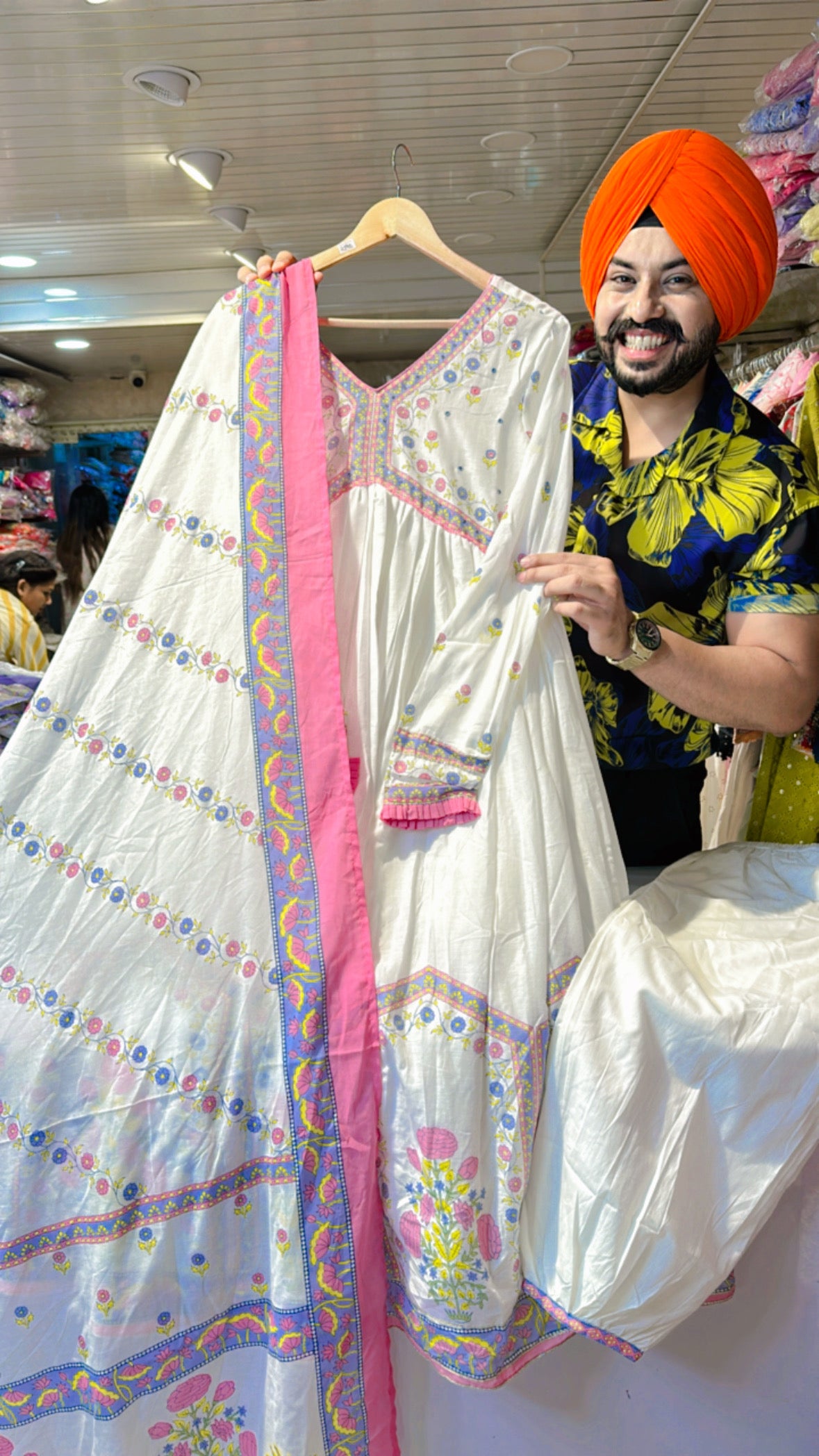 Moon White & pink pure Mal Cotton Alia Anarkali suit with Pathani pants & Beautiful Duppata