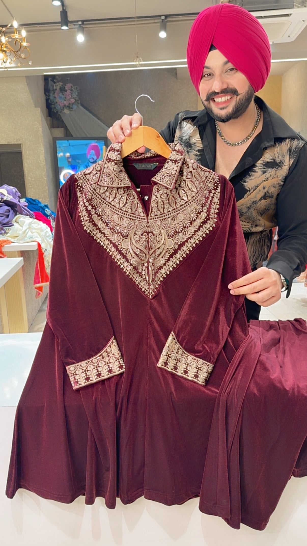 Maroon Strechable Velvet Heavy front & Back embroidered Designer Paplum Front Slit Coord set