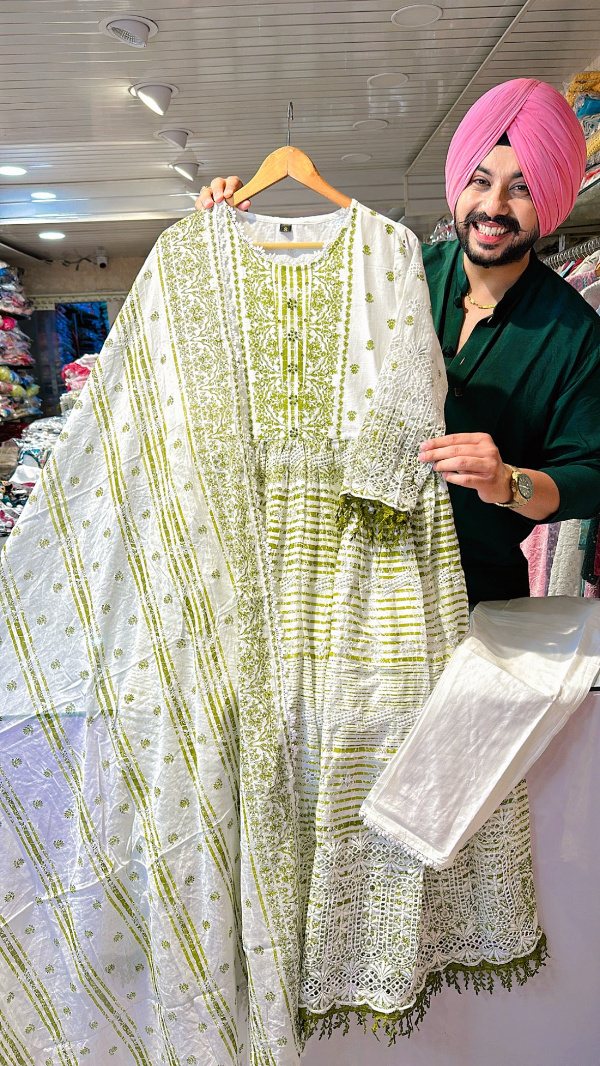 Moonwhite & green Mal cotton Shifli Anarkali Suit with Beautiful Duppata