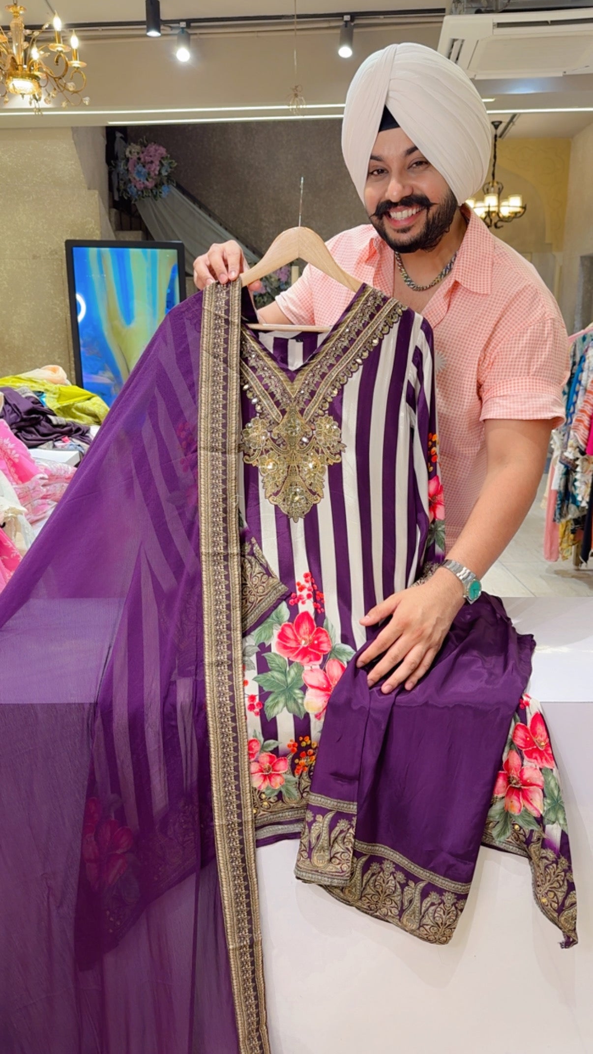 Purple Premium Crepe Embroidered C-Cut Plazo Suit