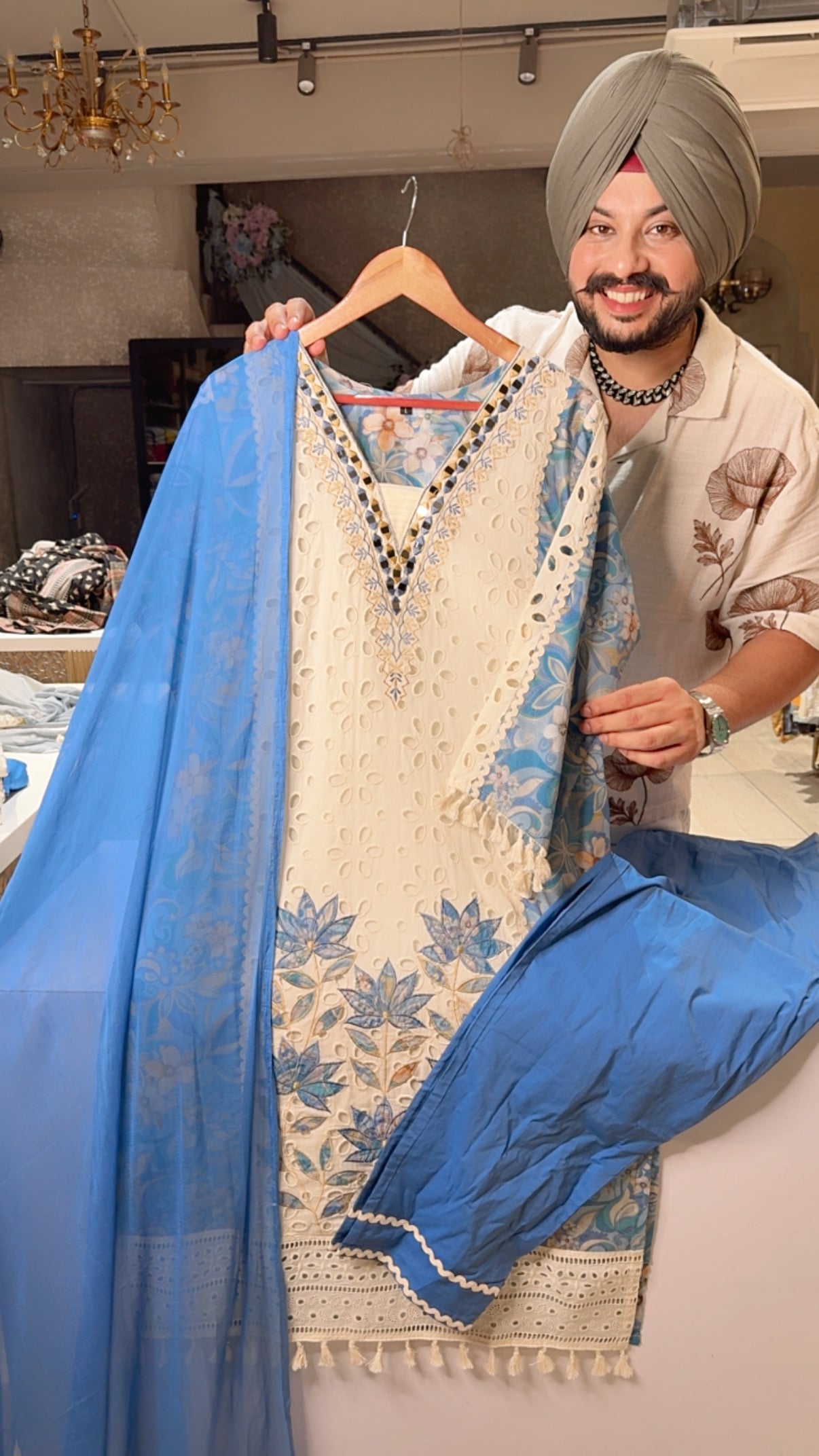 Powder Blue Cotton Beautiful Embroidered & Shifli Work party Wera Summerish Suits with Chiffon Duppata
