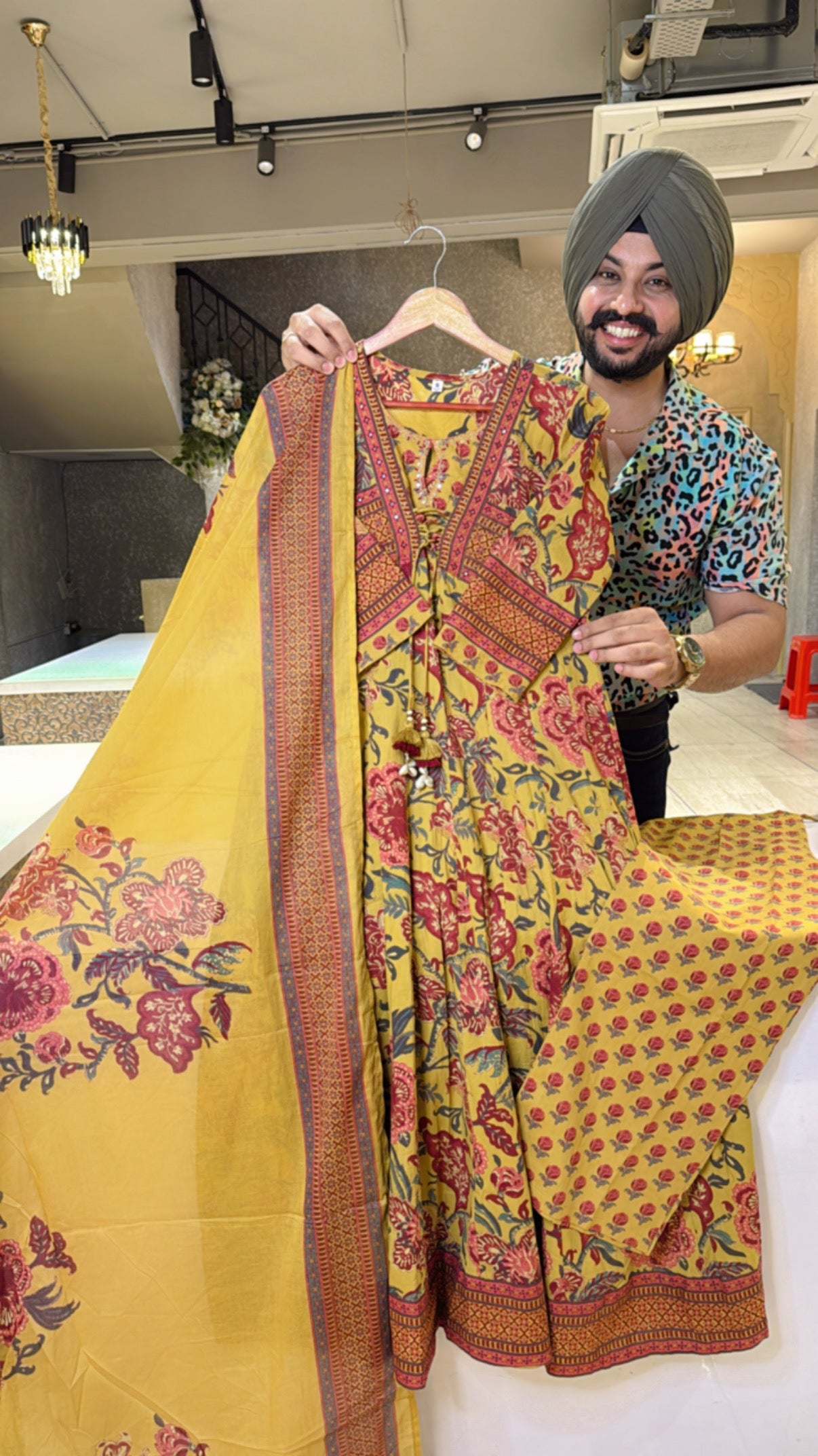 Mustard Yellow & maroon Pure Cotton front Knott Anarkali suit with Beautiful Duppata