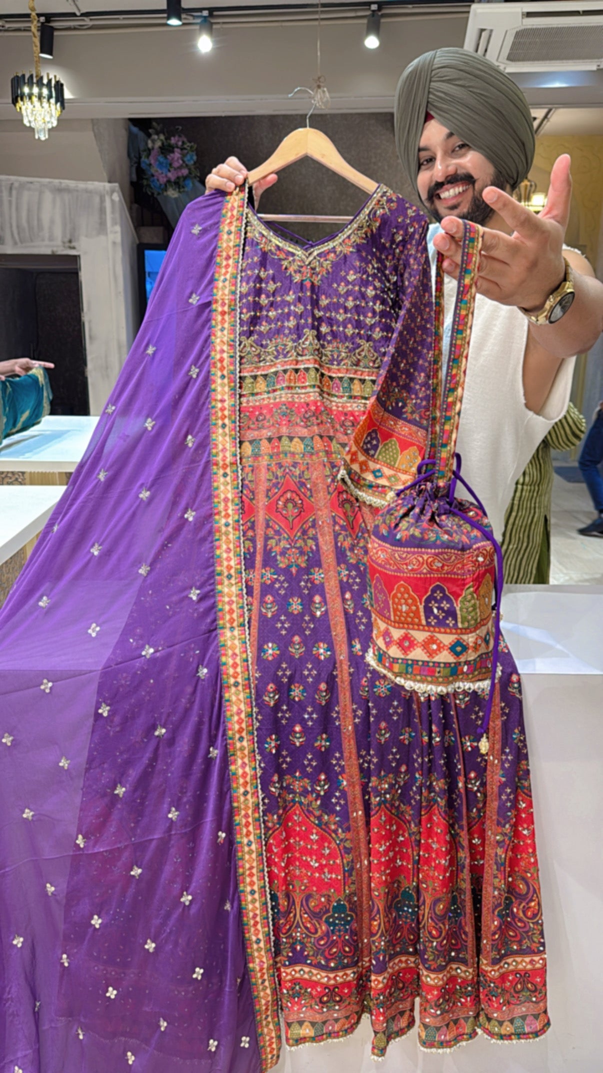 Purple Crepe Heavy Hand embroidered & Mirror Work Anarkali Gown with Beautiful Sequins work Duppata & Potli
