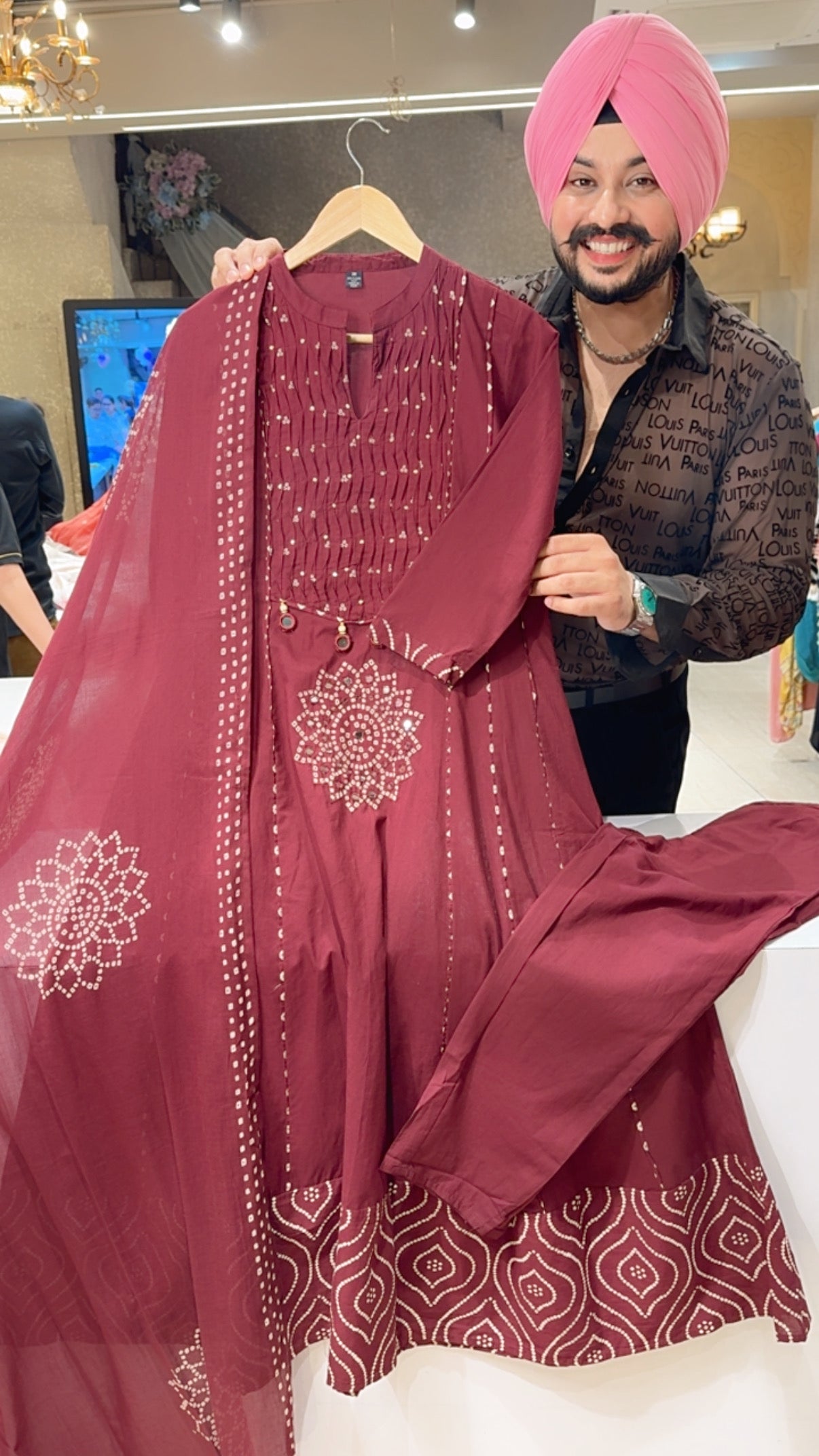 Maroon Pure Cotton Bandhej print Mirror Work Semi formal Anarkali suit