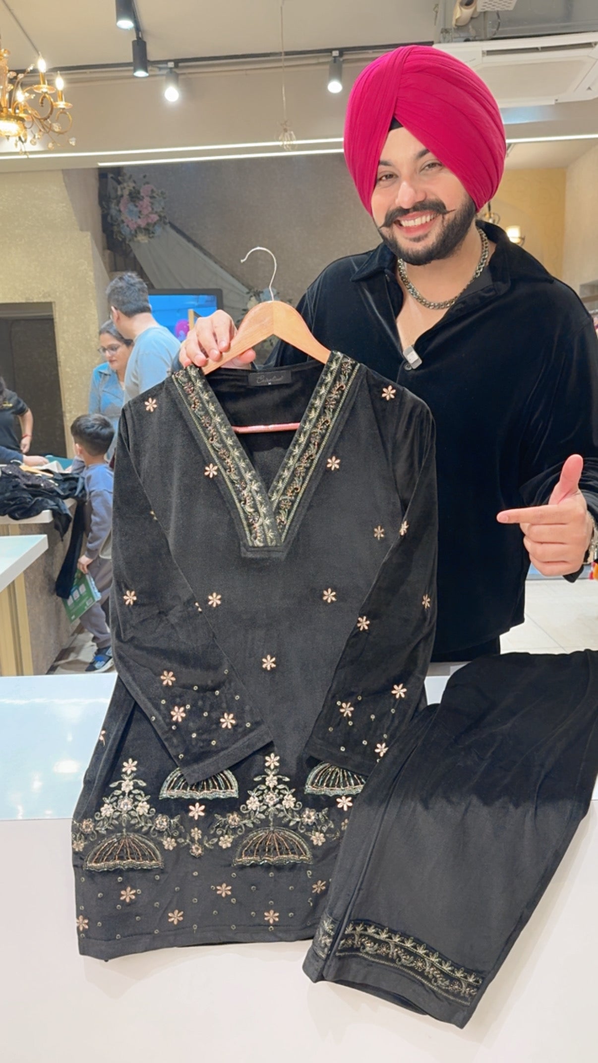 Black Heavy Stretchable Velvet Partywear Coord set with Heavy hand embroidery Work on Border