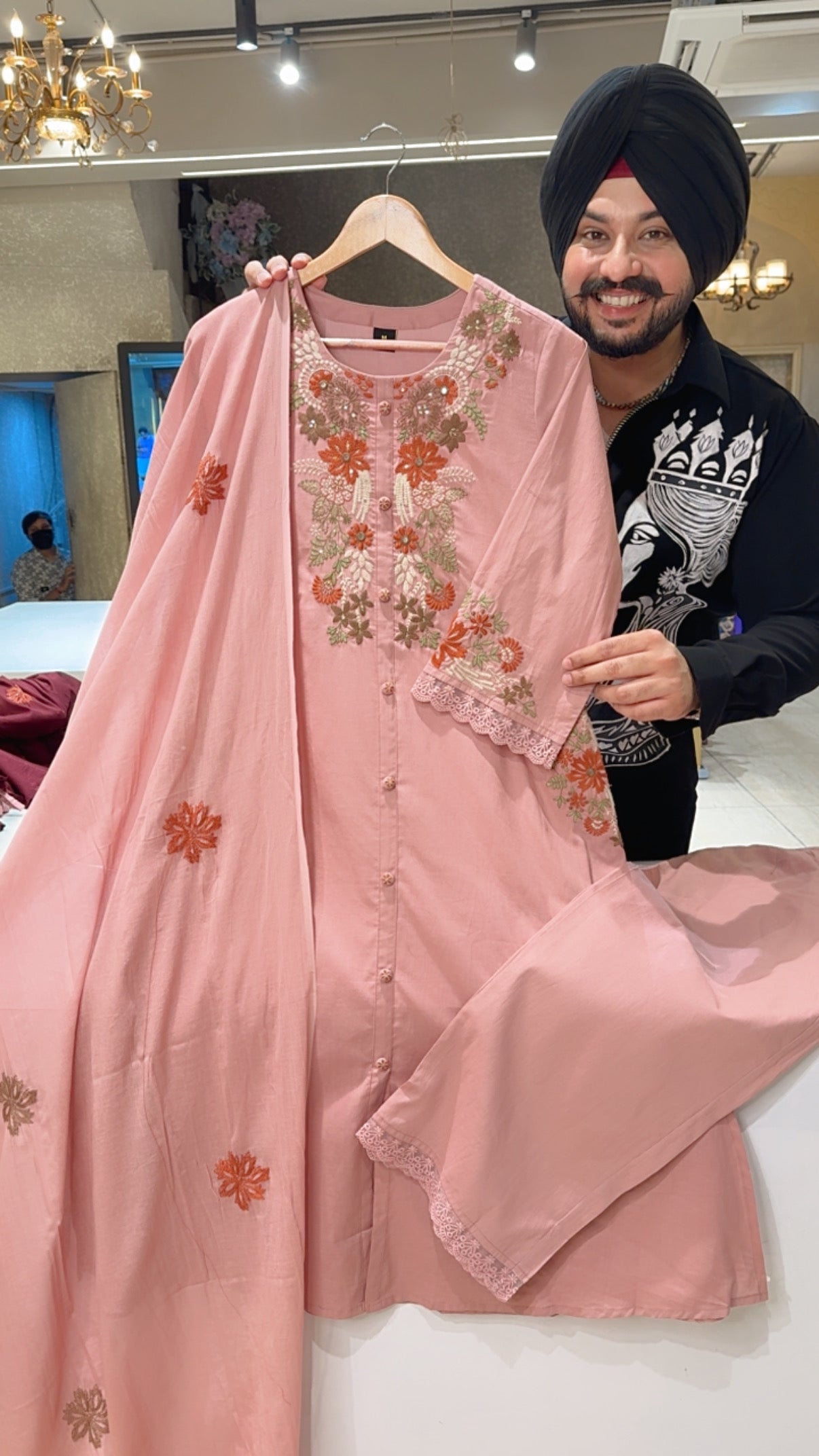 Pastel Pink Pure Cotton A-line Side Slit Semiformal Suit with Beautiful Embroidery work on it