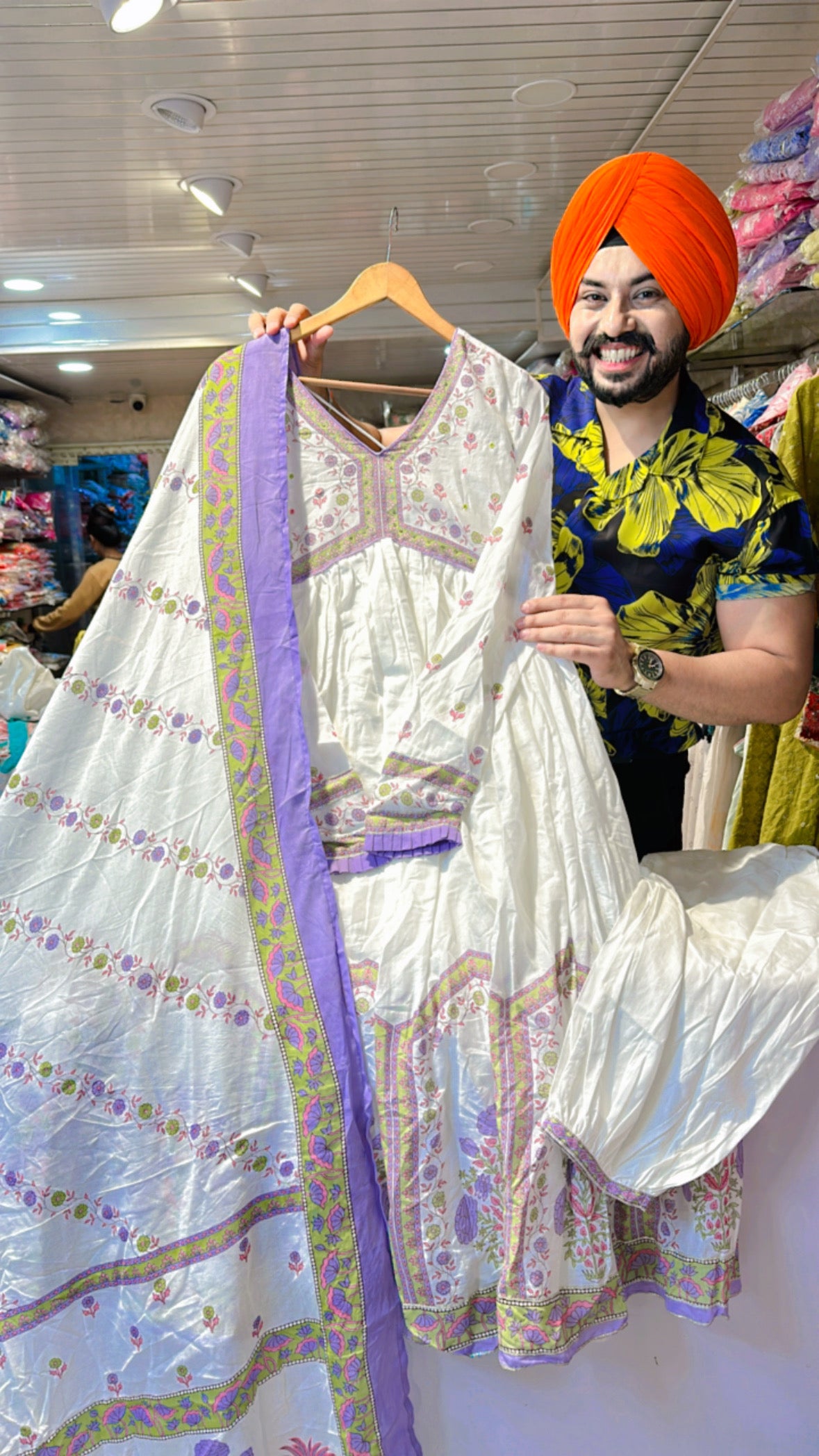 Moon White & purple pure Mal Cotton Alia Anarkali suit with Pathani pants & Beautiful Duppata
