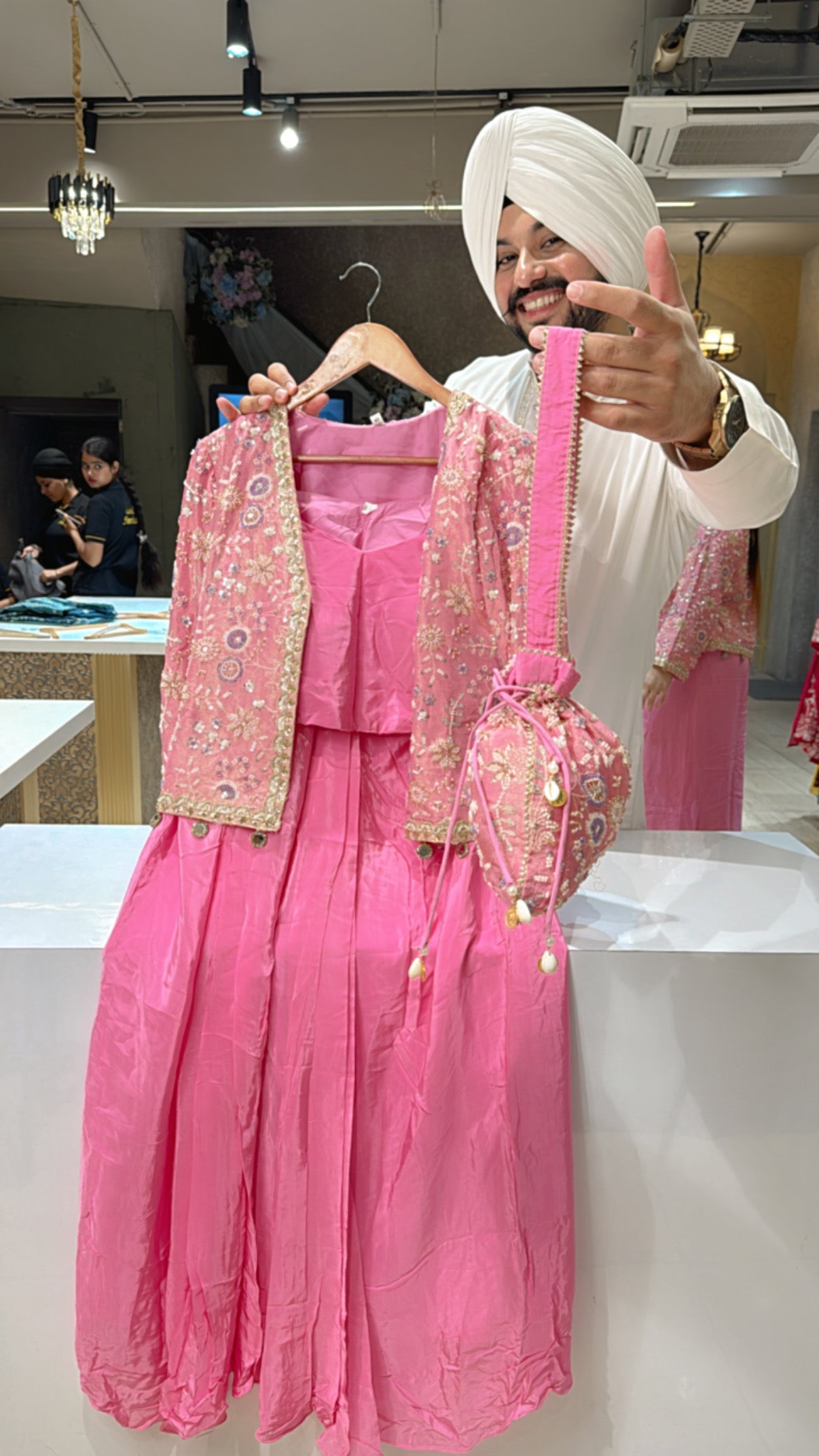 Pink Crepe Drape Crop Set with Heavy Hand embroidered Short Jacket & Potli