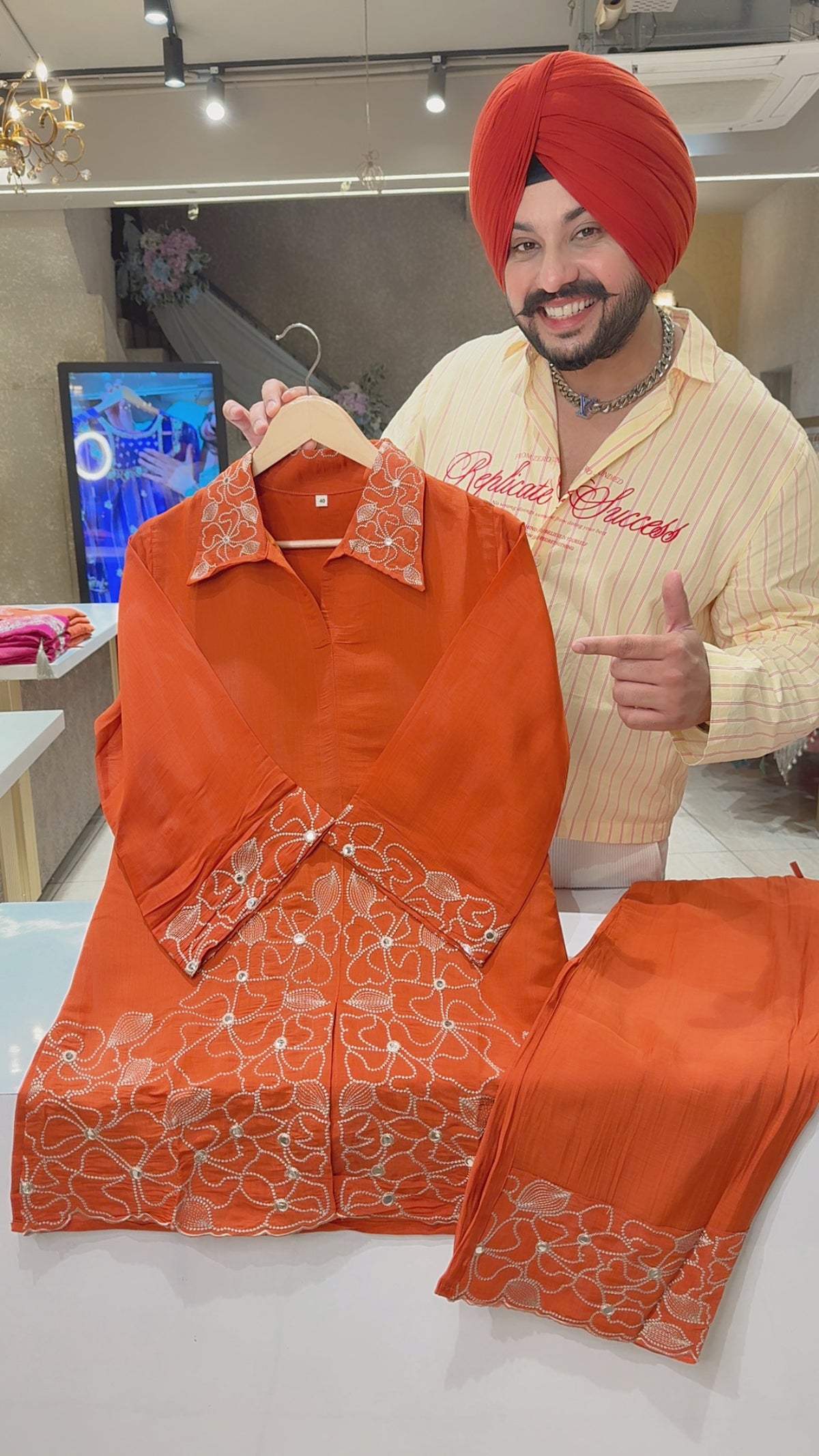 Rusty Orange Mal Chanderi floral Embroidered Semi
Formal Coord set