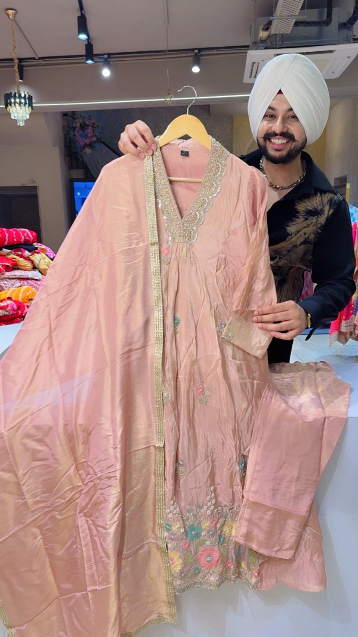 Nude Pink Shimmer Silk Heavy embroidered Front Gattering A-line Suit