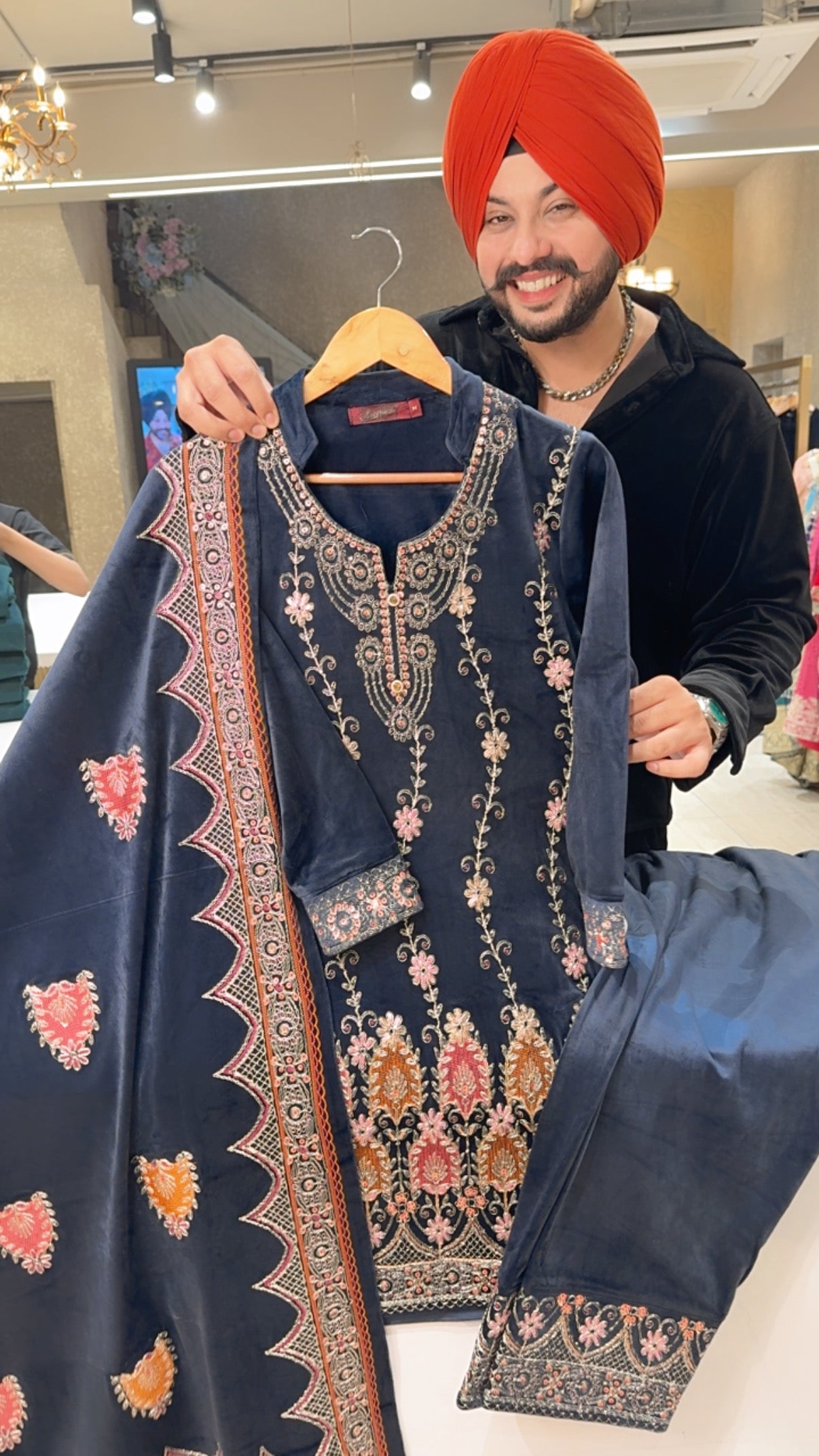 Navy Blue heavy Embroidered Soft Velvet Farshi Salwar suit with heavy Duppata