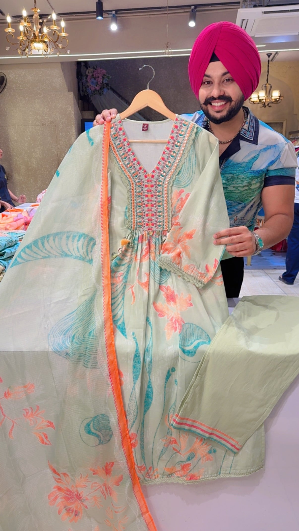 Pista Colour Embroidered  A-line side Slit Suit with Beautiful Kota Doria Duppata
