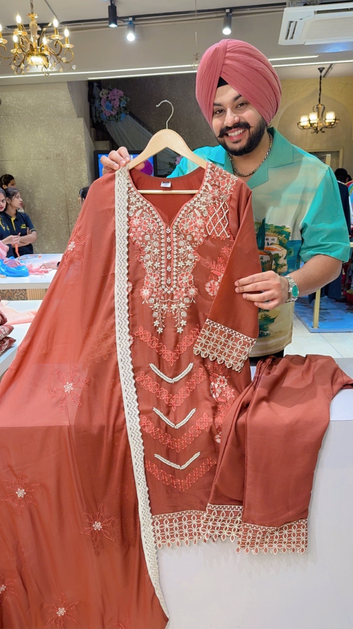 Deep Rust Fully embroidered Party Wear Straight Suit with Pearl Hand embroidered work on Neck