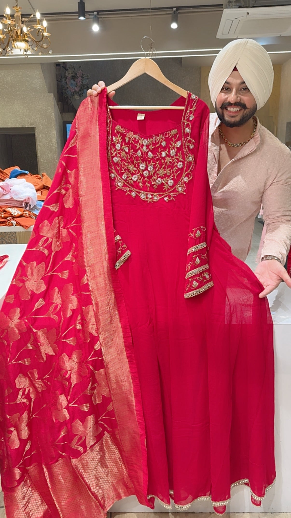 Hot Pink Georgette Party Wear Hand Embroidered Designer Neck Anarkali Gown with Beautiful Banarasi look Duppata