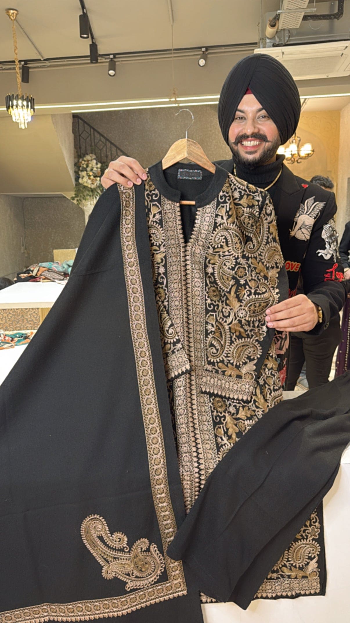 Black Woolen Kashmiri Embroidered Straight Suit with Heavy Shawl