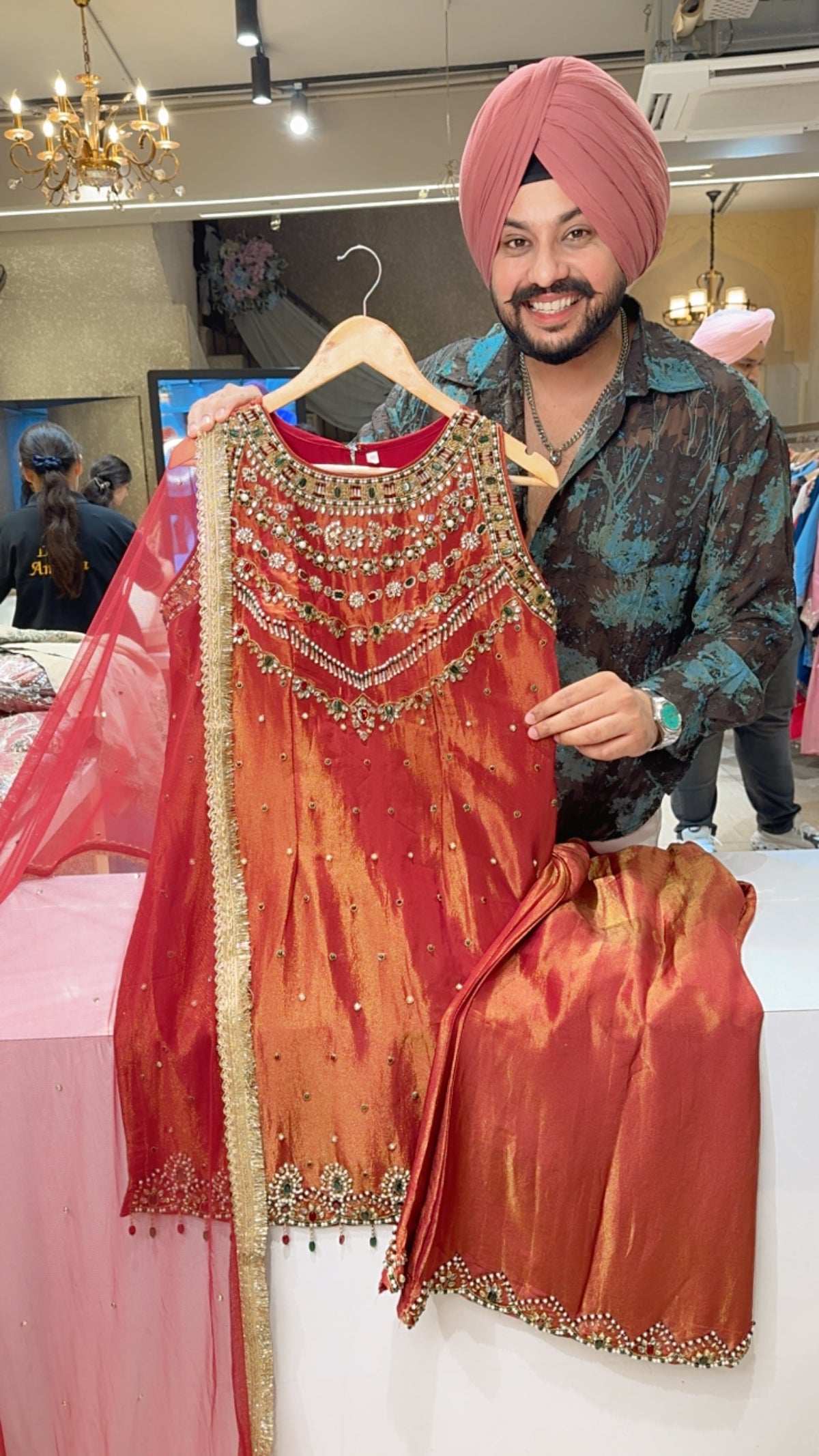 Rusty Maroon Shimmer Silk Heavy Kundan & Pearl Handwork BellBottom Indowestern cut sleeves Suit