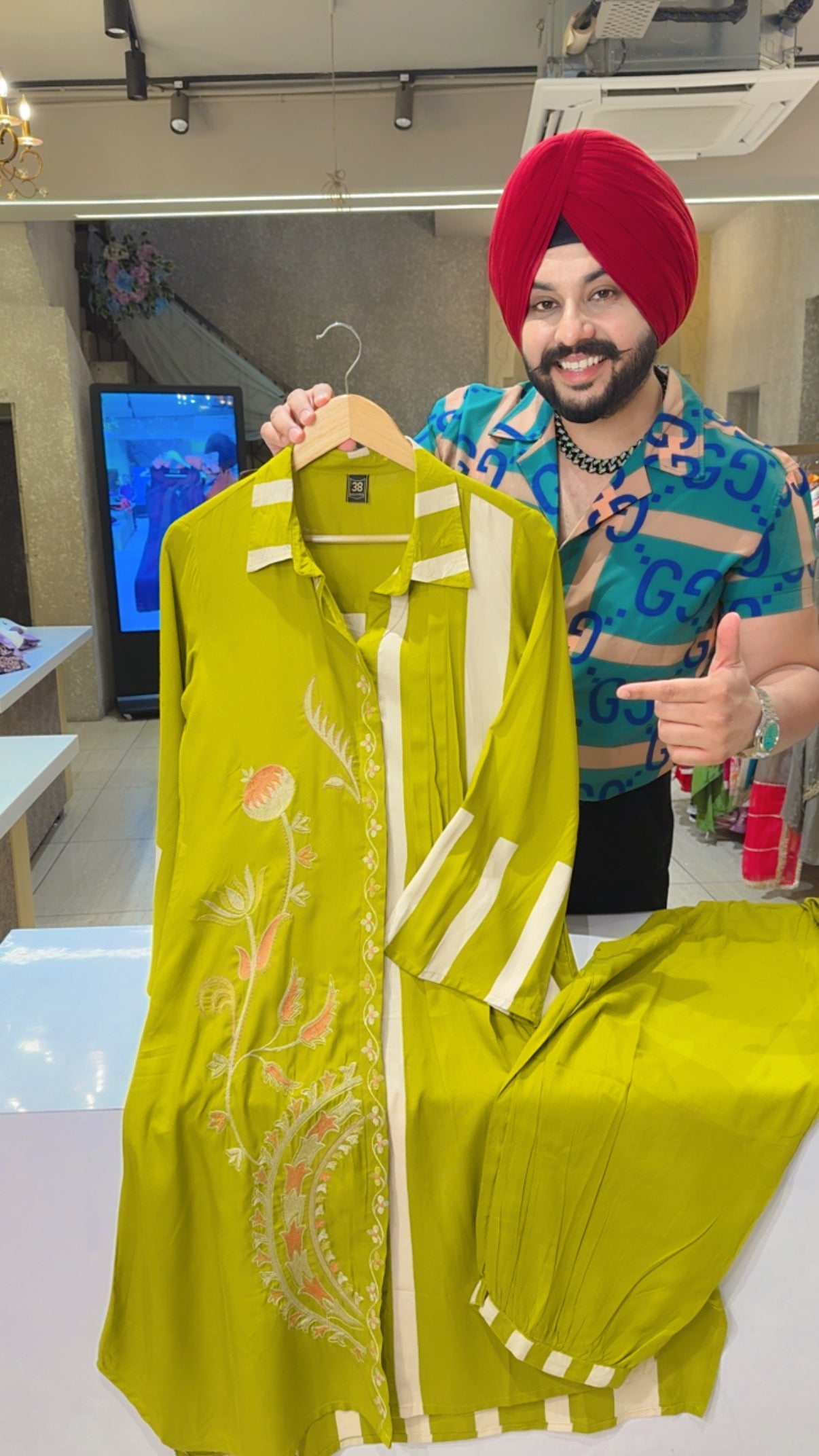 Light Parrot Rayon Collar Neck Embroidered Long Length Coord set with Stylish pathani Pants