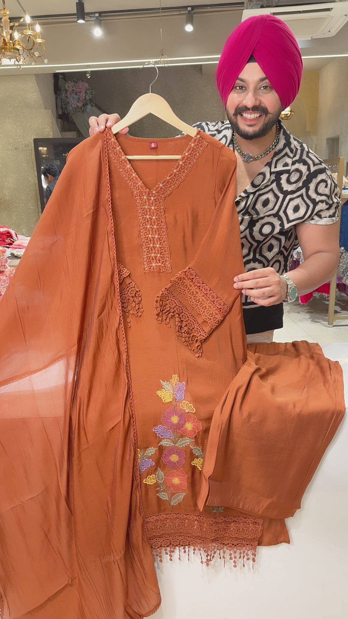 Rusty Brown Mal Chanderi Embroidered Semi Formal Suit