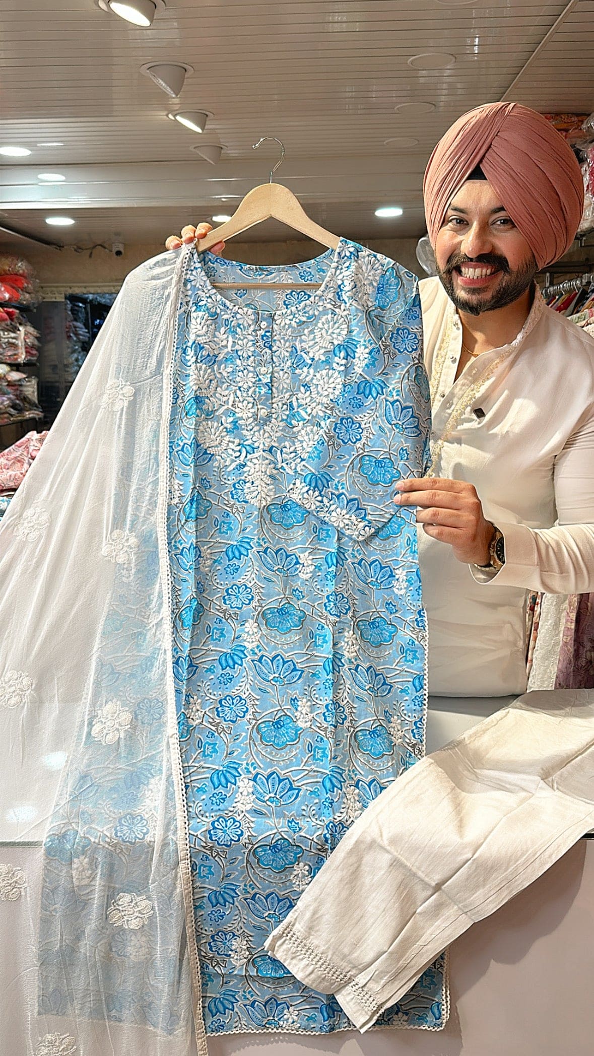 Light blue Lucknowi suit with beautiful embroidered Duppata