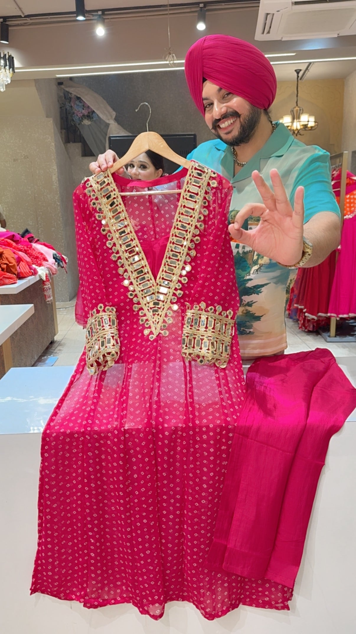 Pink Georgette Bandhej print Designer Long length Coord set with Heavy mirror Pasting on Designer Neck & sleeves