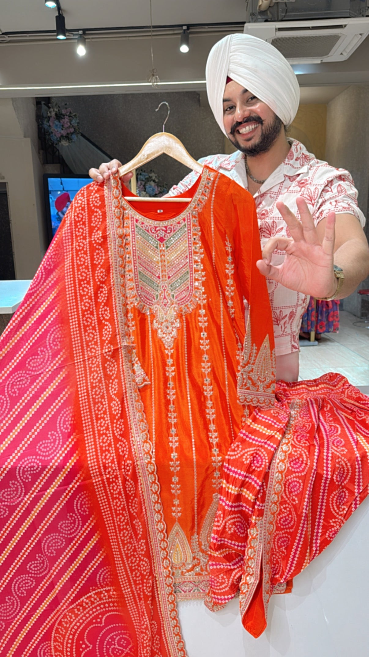 Orange Chinon Heavy embroidered Tulip Salwar  suit with Beautiful Bandhej Print Duppata