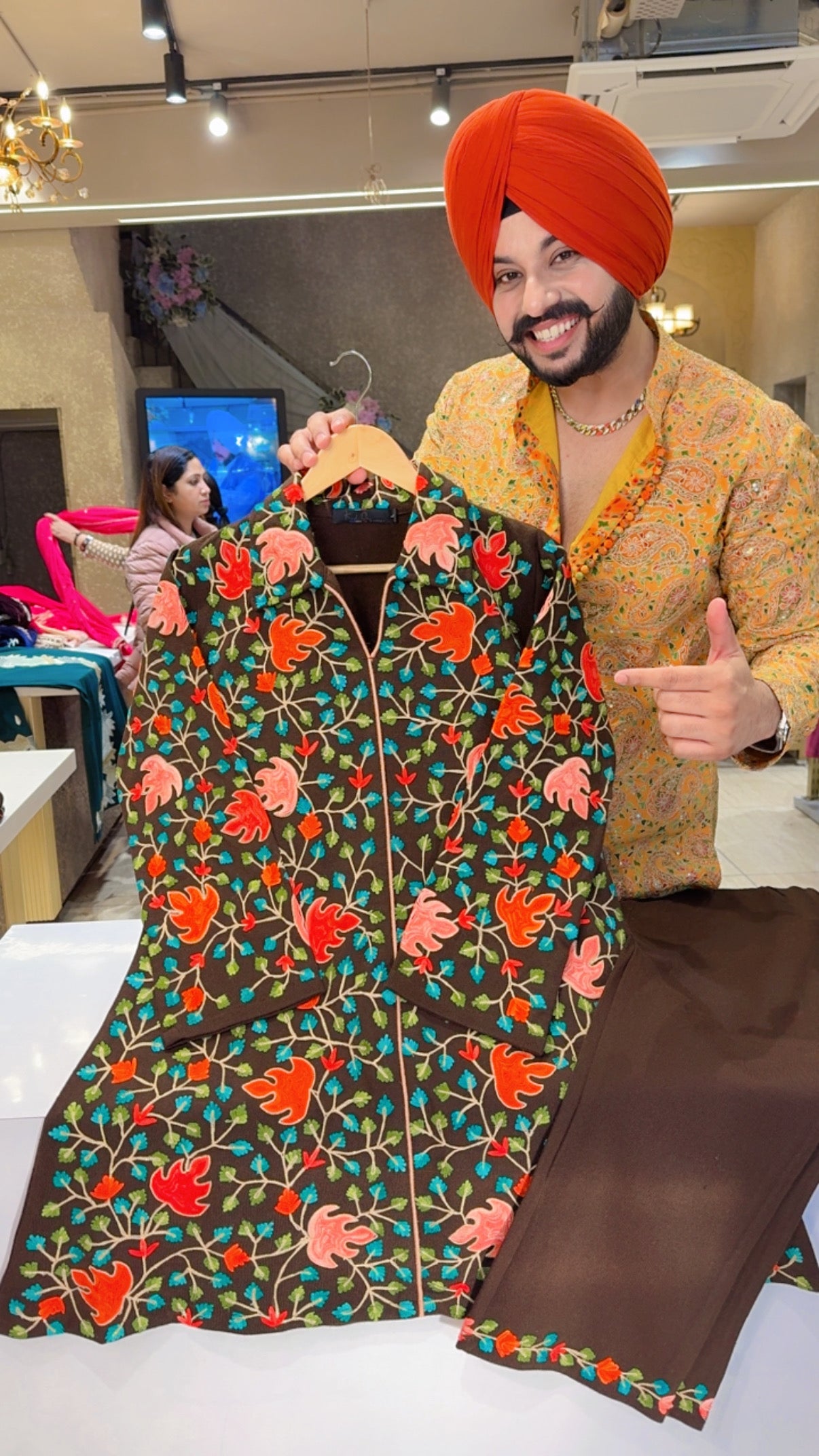 Dark Brown premium Woolen Collar Neck Heavy Kashmiri Embroidered long Length Coord set