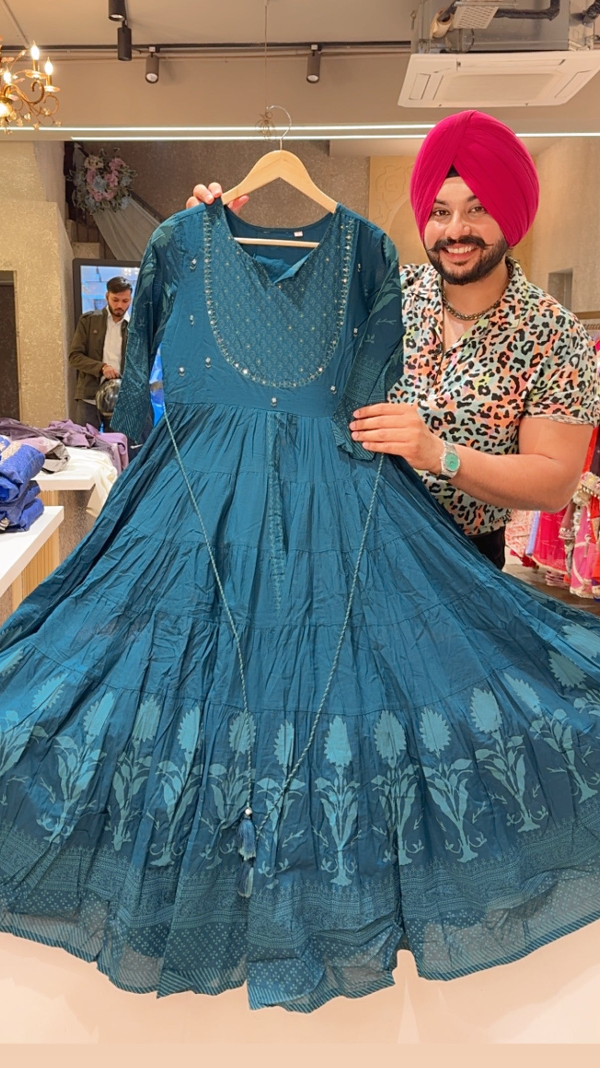 Peacock Colour Pure Cotton Full Flair Embroidered Neck  Indowestern Anarkali Gown