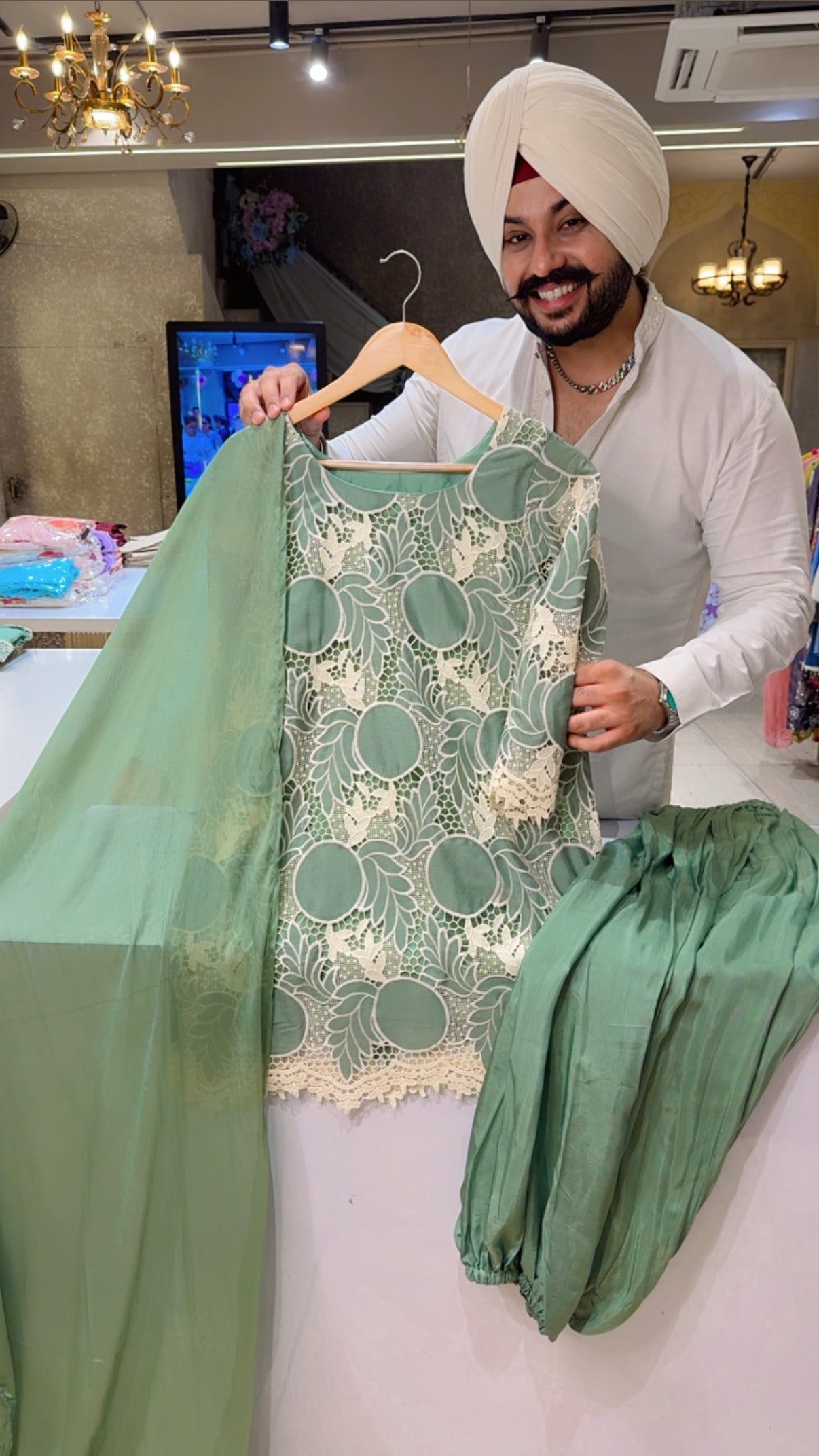 Green Ballon Pants Crochet Lace Party Wear Indo Western Suit
