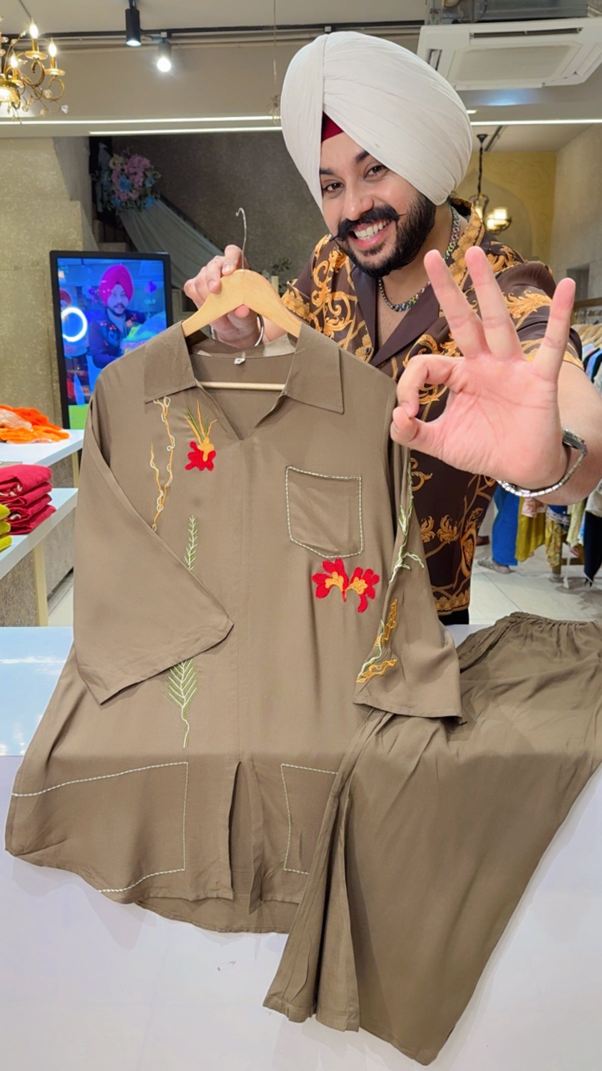 English Brown Rayon Airport Look Embroidered Front Slit Coord set