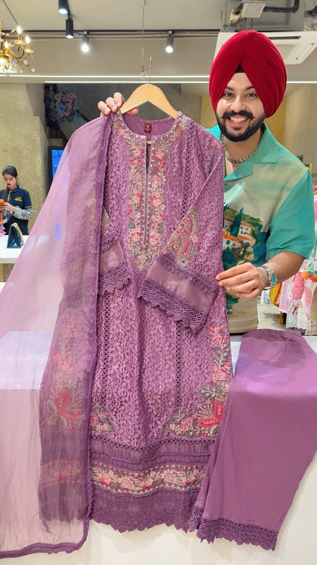 Mauve Designer Net & Crochet Lace Heavy embroidered Pakistani Suit with Organza Duppata