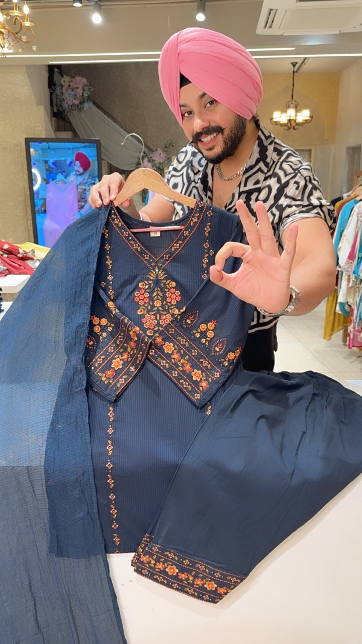 Blue Cotton Embroidered Semi formal Farshi Salwar suit with Kota Doria Duppata