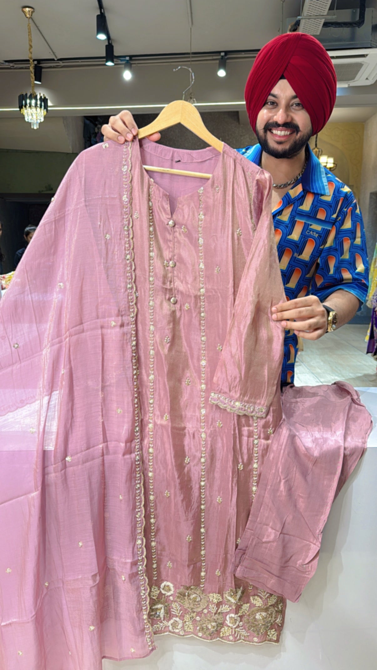 Onion Shimmer silk Tissue Heavy hand Embroidered Straight Suit with Embroidered Sleek Dupppata