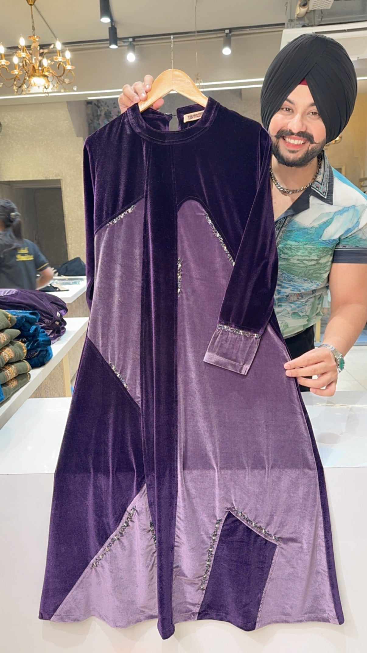 Wine Premium Stretchable Velvet Hand Embroidered Party Wear Dress