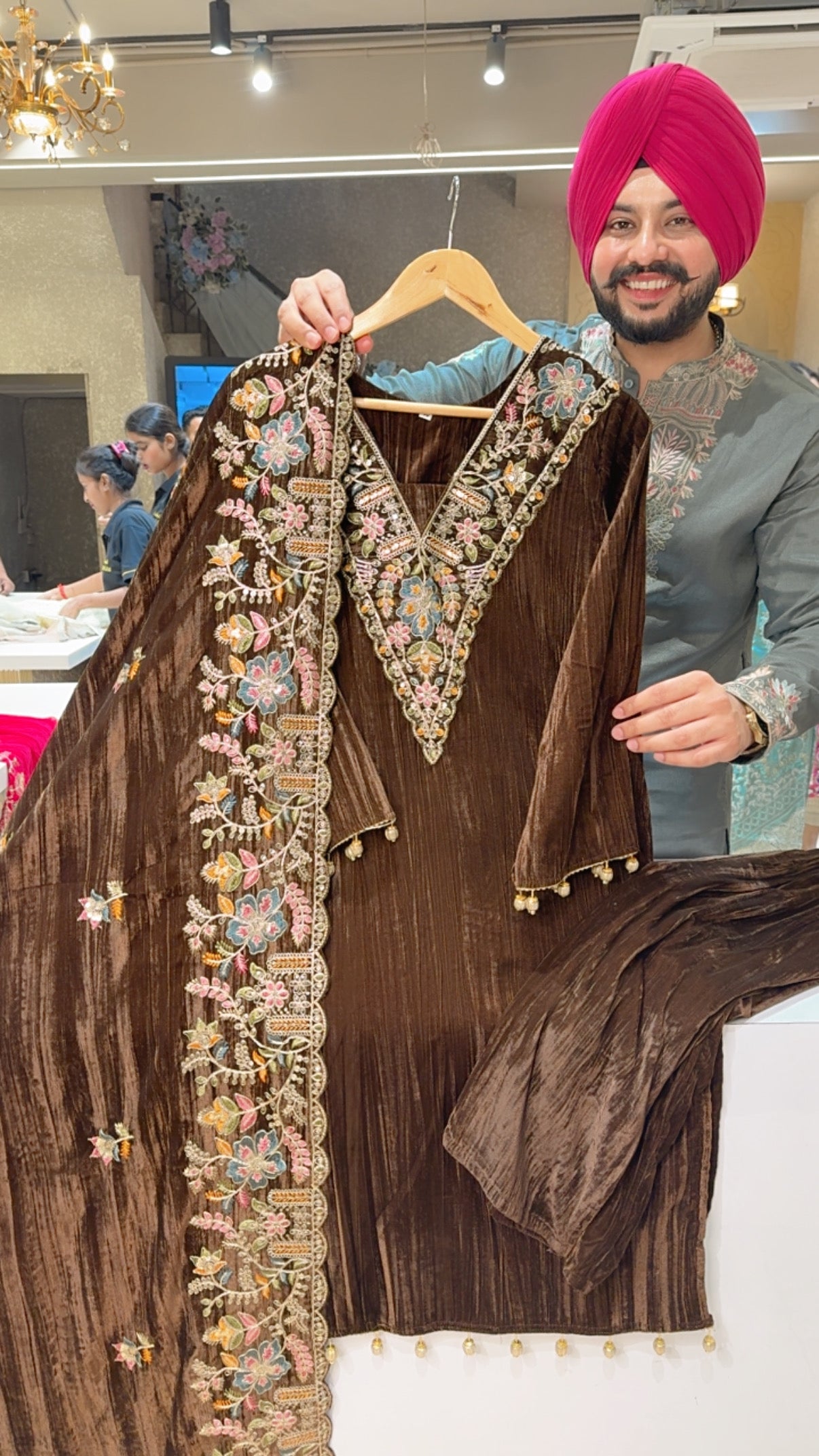 Chocolate Brown Crush Velvet party Wear Suit with Heavy Embroidered Duppata