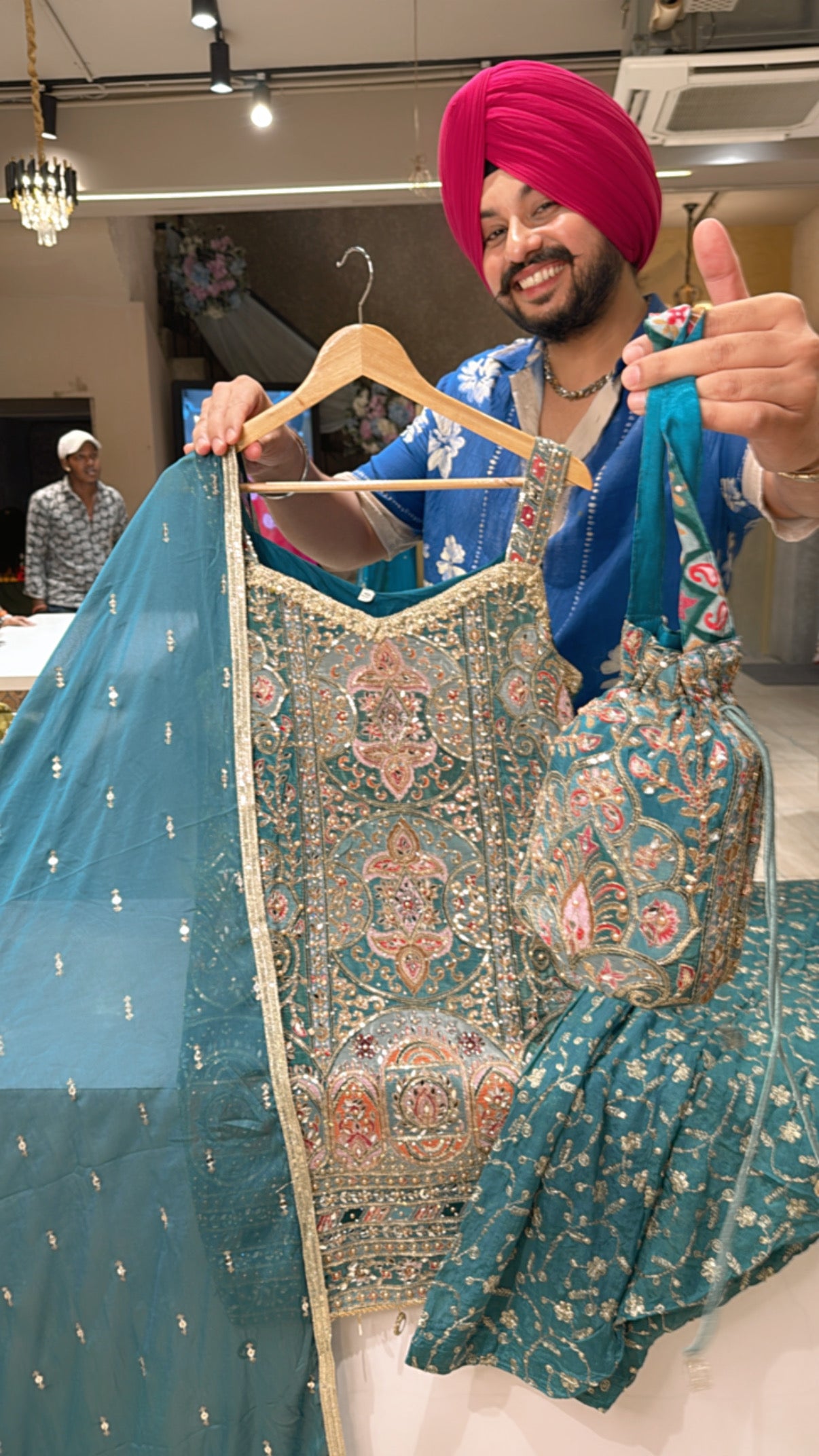 Sea Blue Crepe Heavy Embroidered Strap Sleeves Suit with Chinon Heavy Patiala Salwar