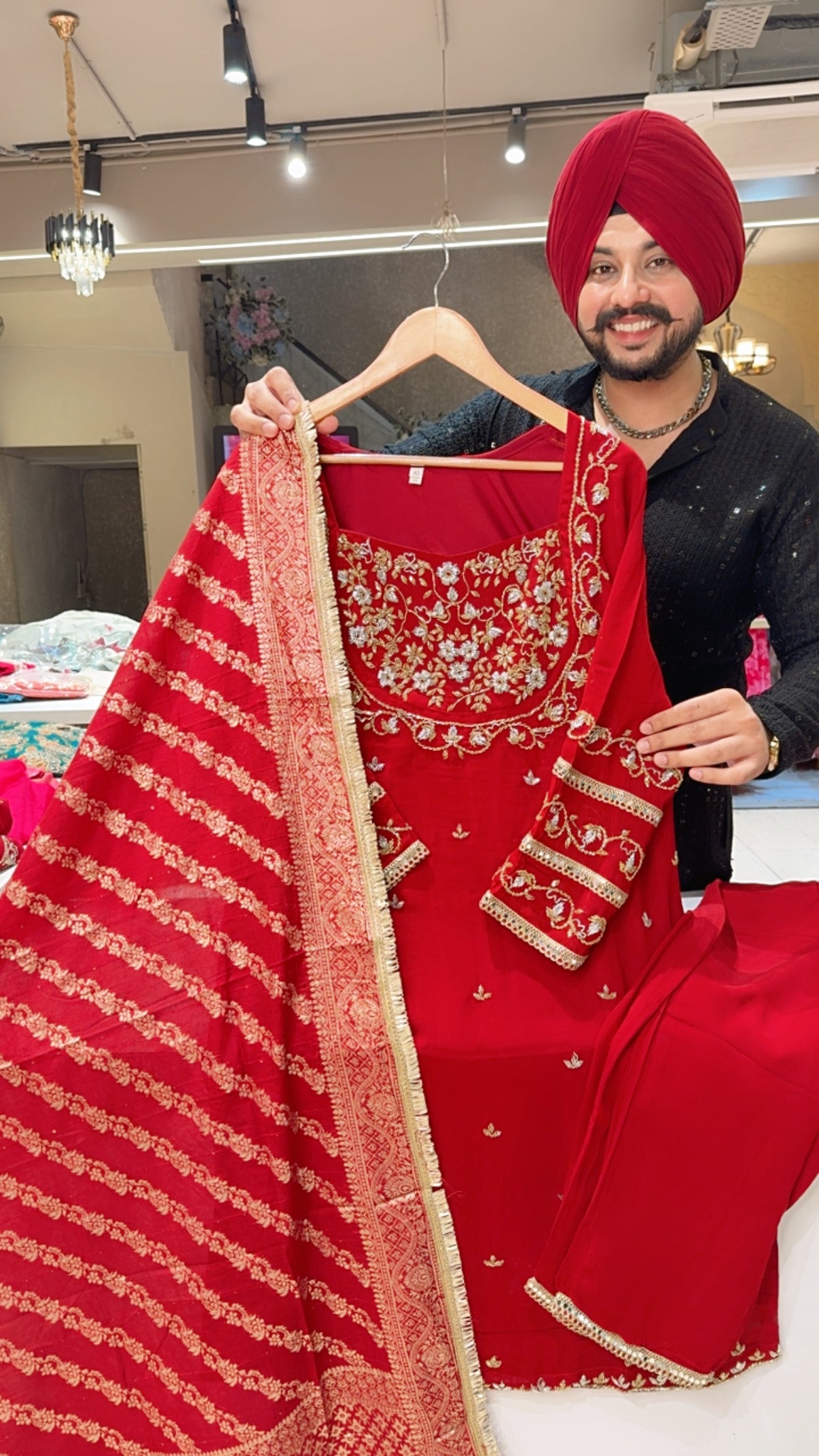 Deep Red Georgette Heavy hand embroidered Straight Suit with Banarasi look Duppata