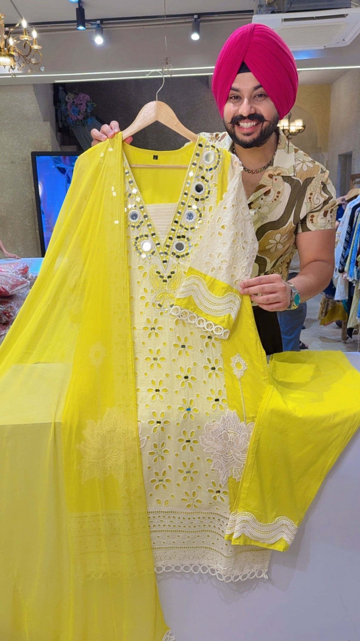Lemon Yellow Soft Cotton Mirror & Shifli Work Party Wear Suit