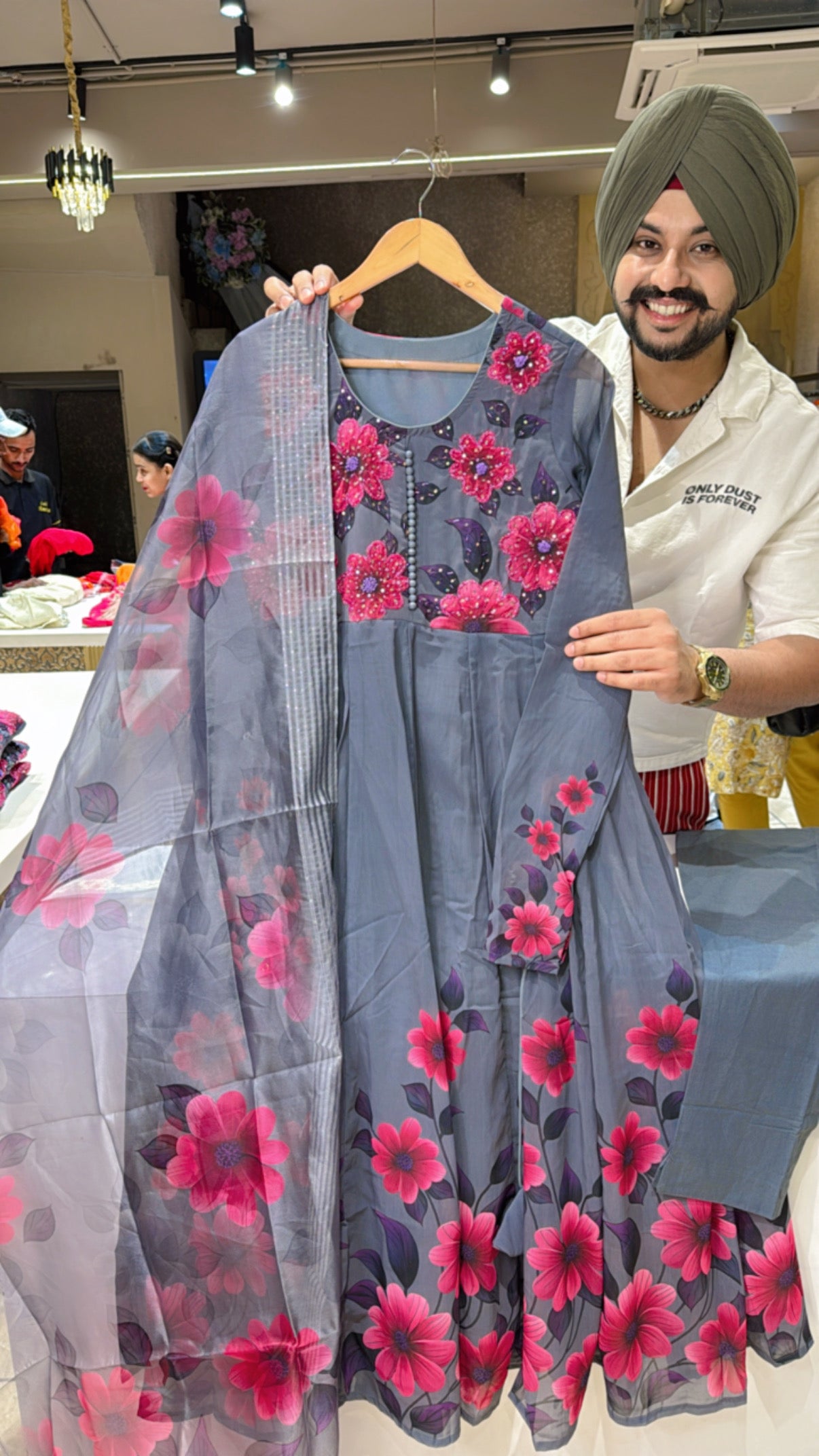 English Grey Soft Organza Floral Print Anarkali Suit with Beautiful Hand embroidery Work on Neck