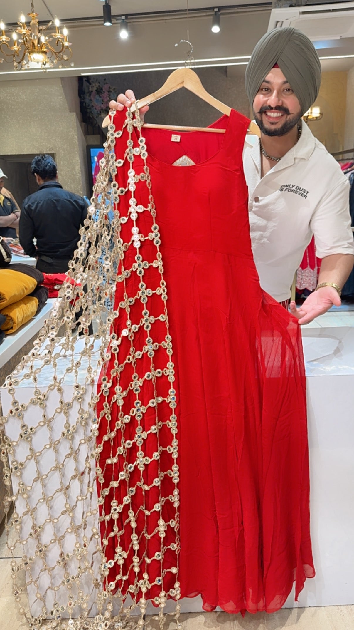 Rusty Red Georgette Backless Anarkali Gown with Heavy Designer Lace Duppata