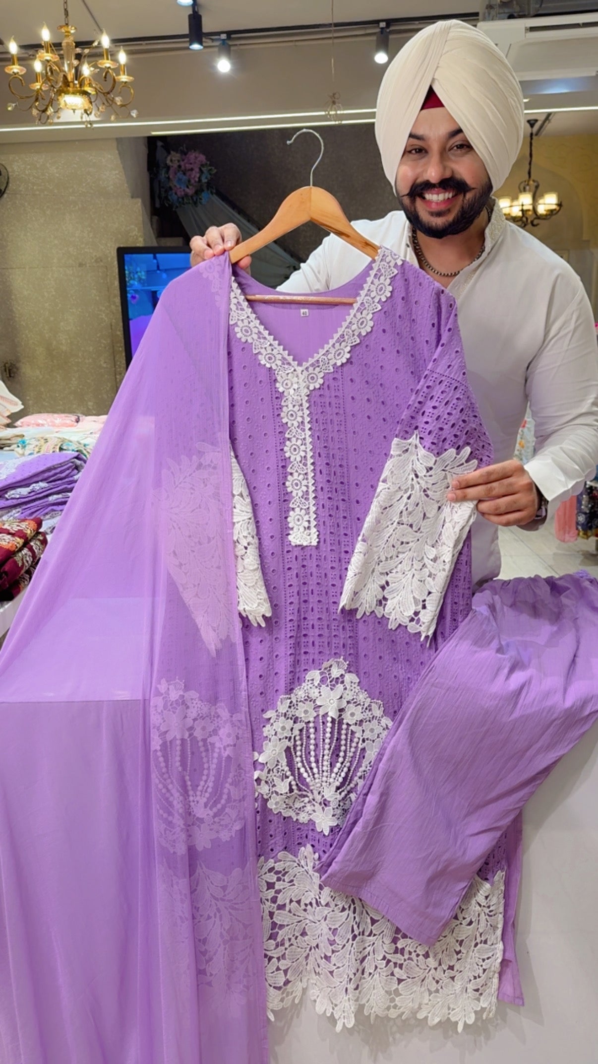 Lavender Cotton Beautiful Shifli & Crochet Work Party Wear Suit with Beautiful Chiffon Crochet border Duppata