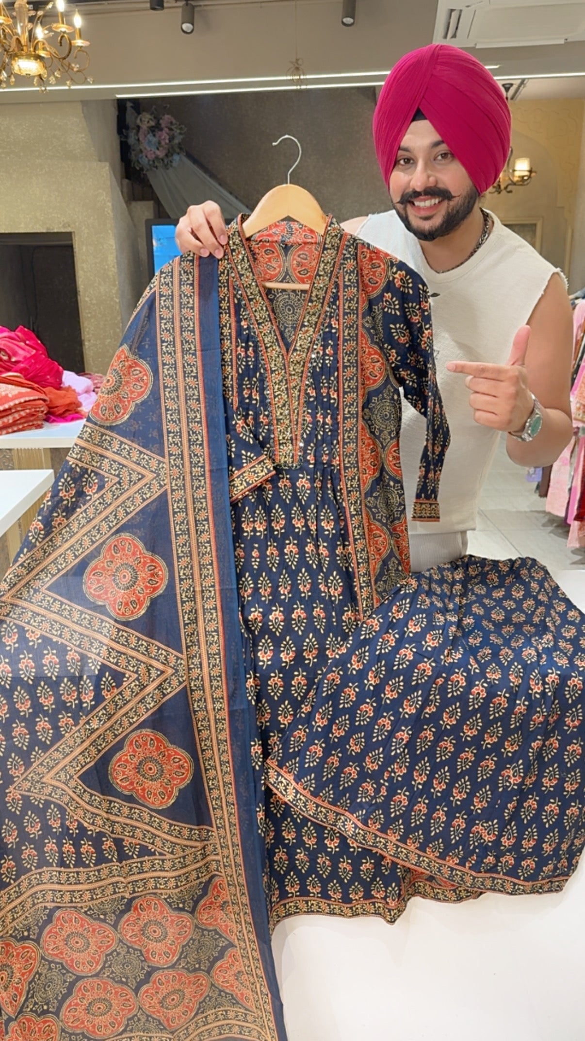 Navy Blue Pure Cotton A-line Plazo Suit with Beautiful Embroidery Work on neck