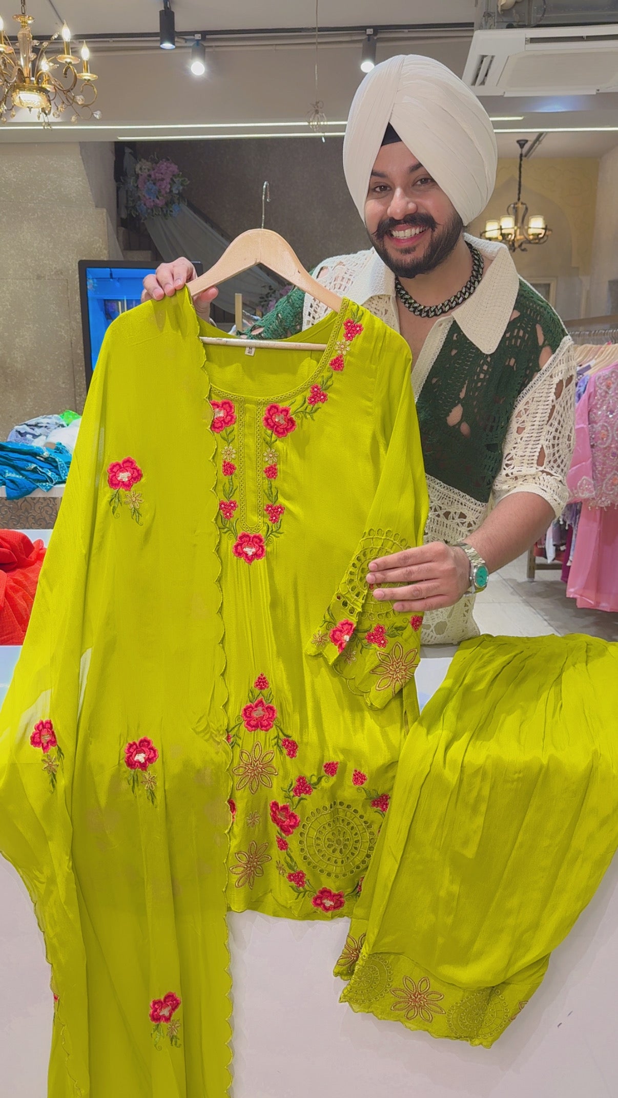 Fluorescent Green Chinon Beautiful Embroidered & Cutwork Party wear Farshi Salwar Suit