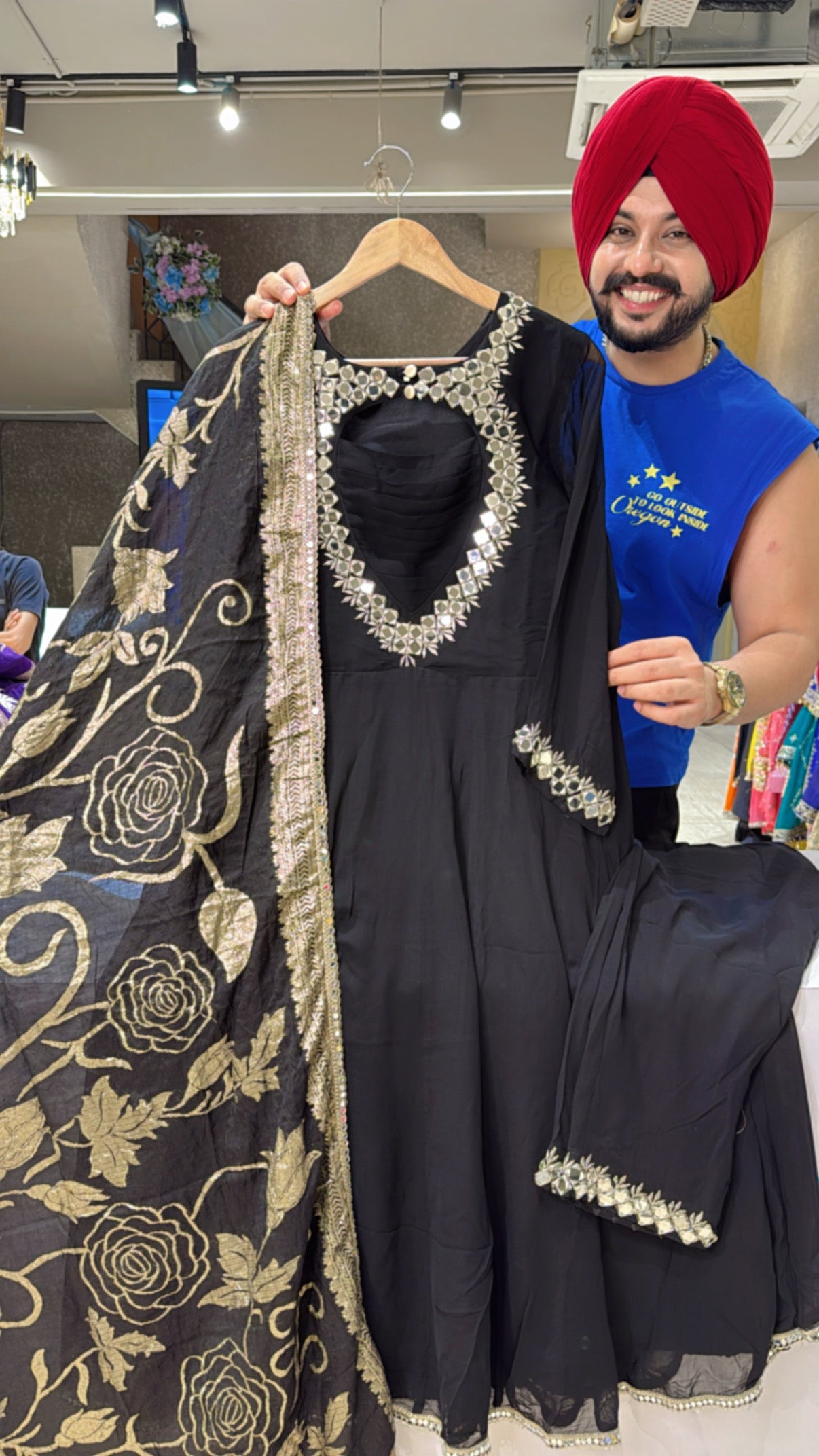 Black Georgette Heavy Mirror work Designer neck Anarkali Suit with Beautiful Banarasi look Duppata
