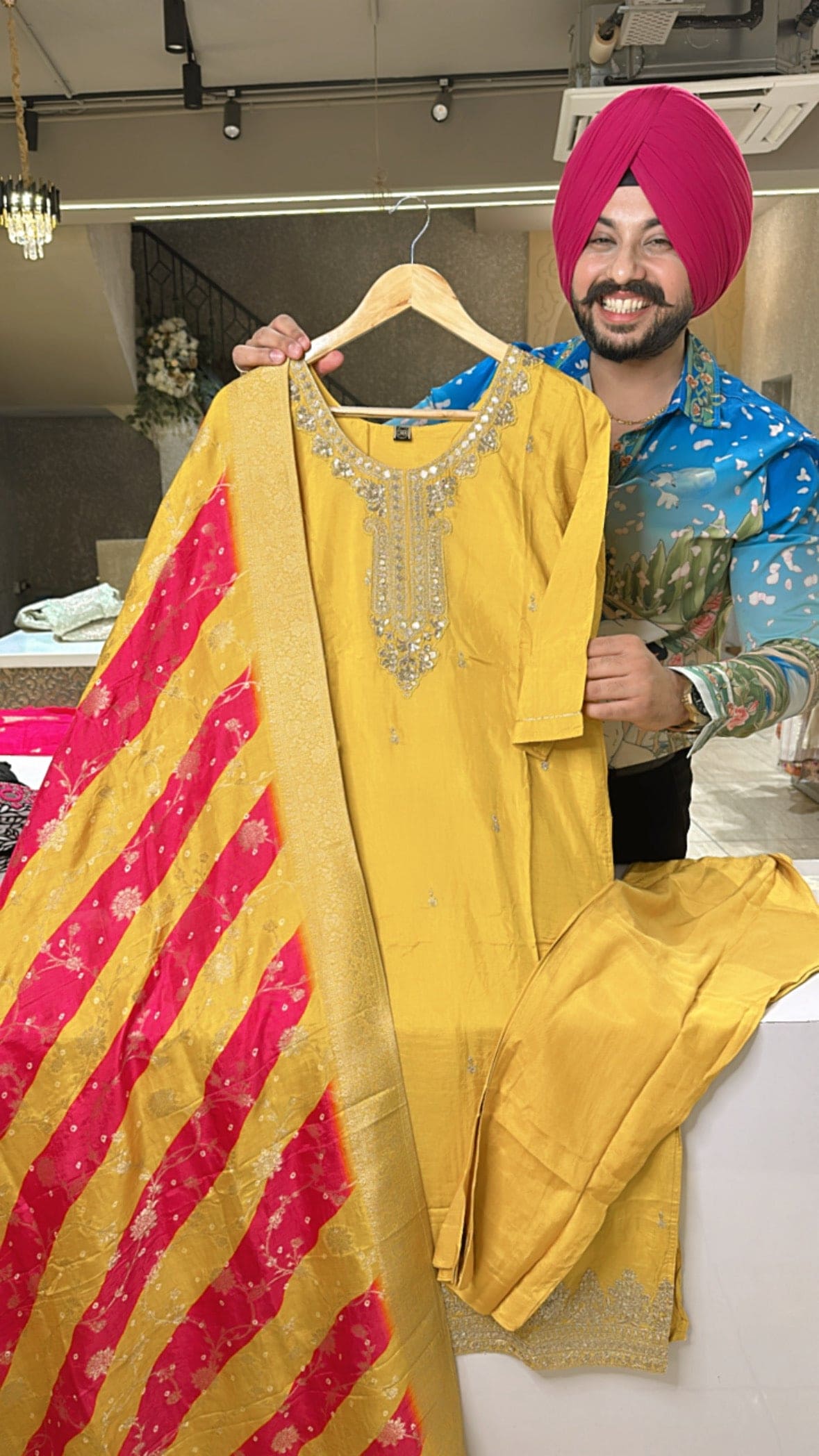 Yellow Muslin silk embroidered Straight Suit with Banarasi Lehriya Duppata