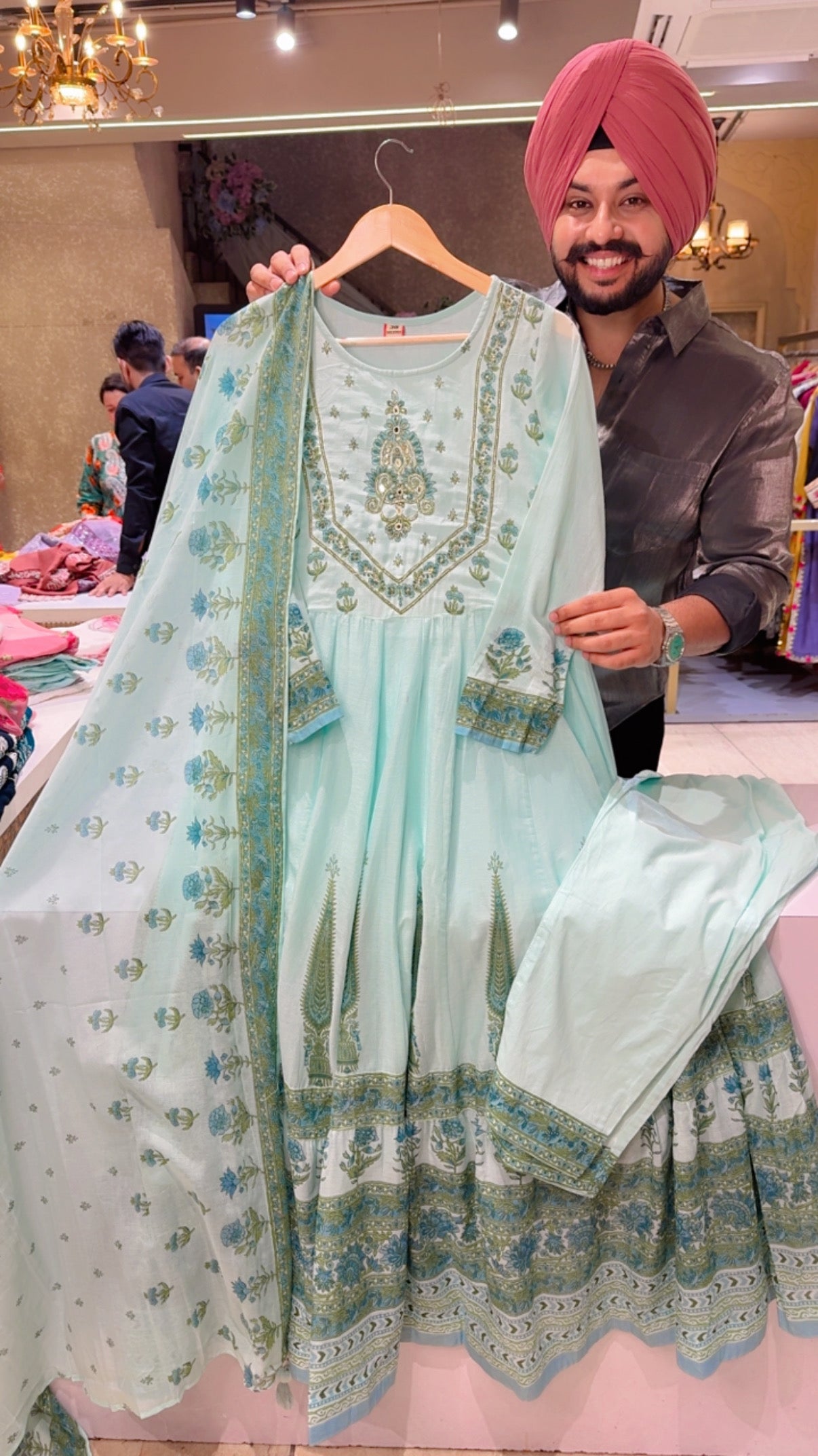 Light Seagreen Mal Cotton Block Printed Girlish Full Flair Anarkali Suit with Hand embroidery Work on neck