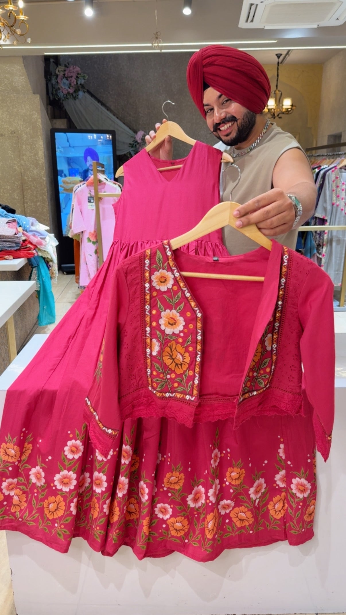 Hot pink Pure Cotton Full Flair Indowestern Dress with stylish Embroidered Short jacket