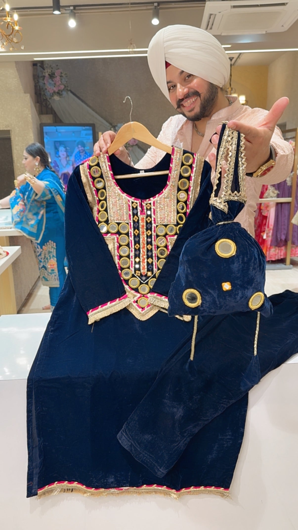 Dark Blue Vevet heavy Mirror & Gotta Work Long Length Coord set with Cute Potli