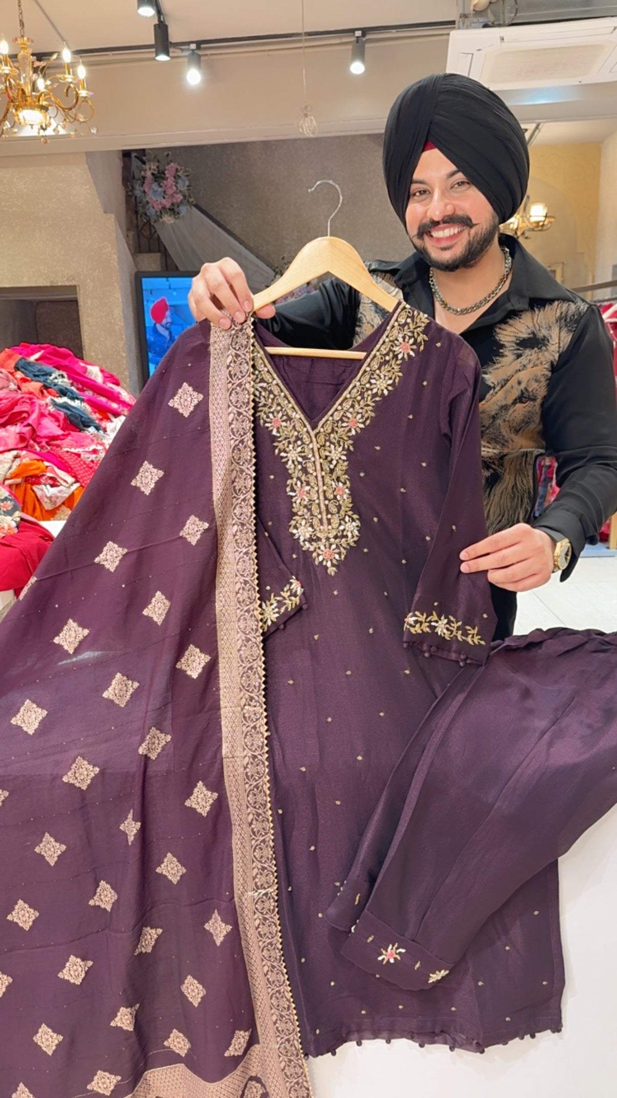 Dark Wine Chinon Heavy Hand Embroidered Straight Suit With Banarasi Look Duppata